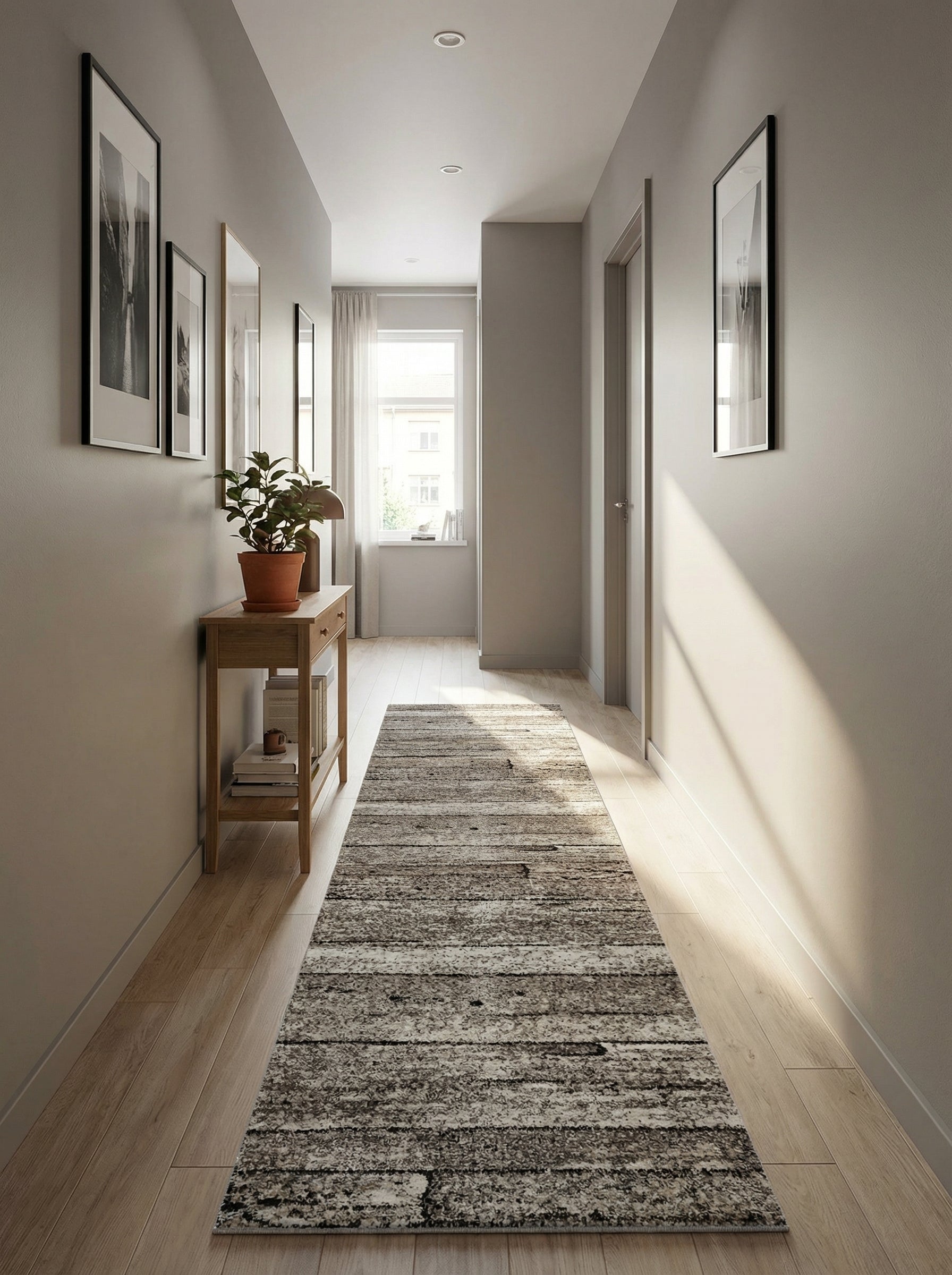 Long tapis coureur aux motifs abstraits de bandes horizontales marron, beige et gris texturé, sur parquet clair d'un couloir