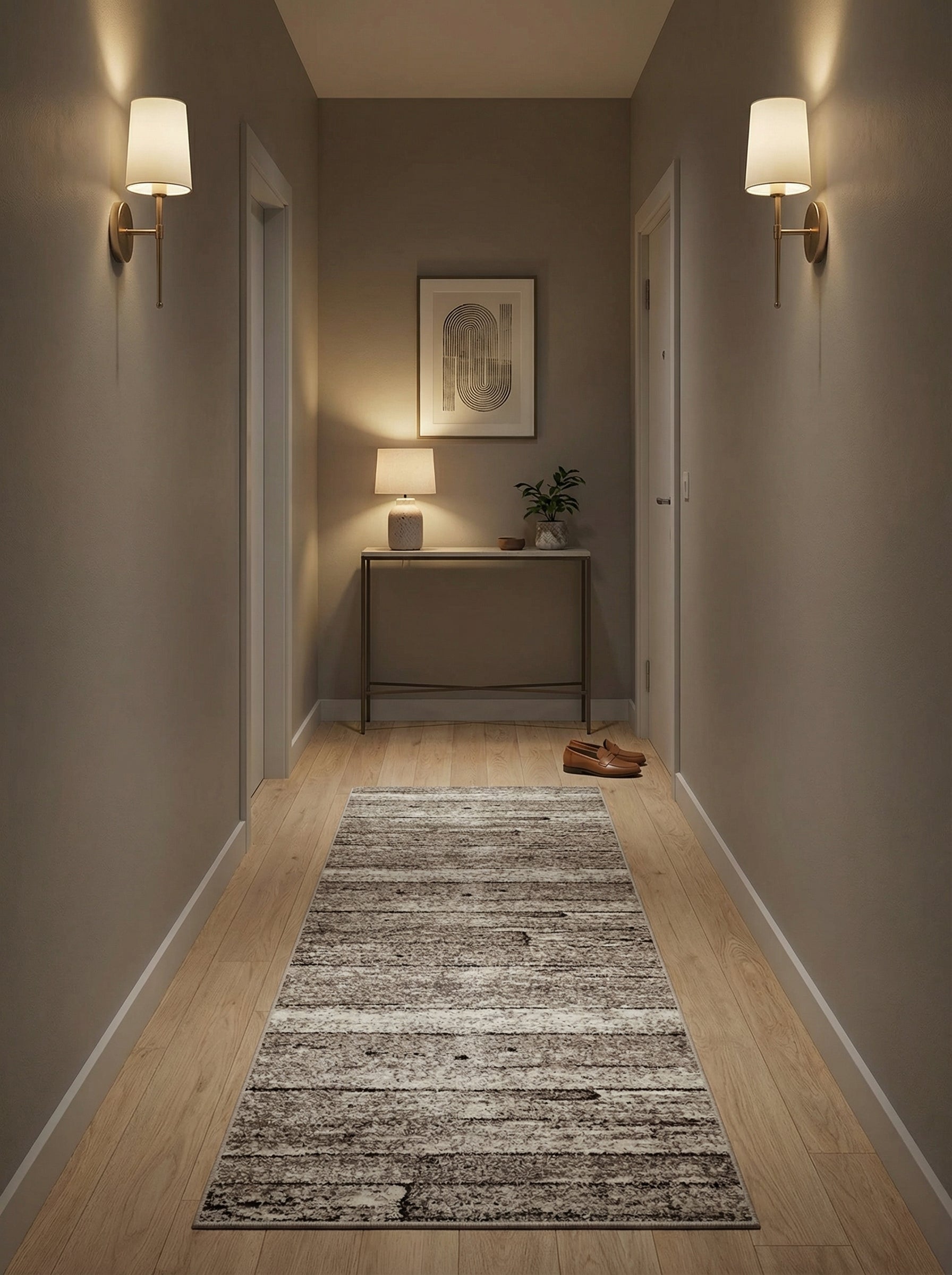 Tapis de couloir rectangulaire avec des motifs de planches de bois usées aux tons bruns et beiges clairs sur un parquet en bois dans un couloir