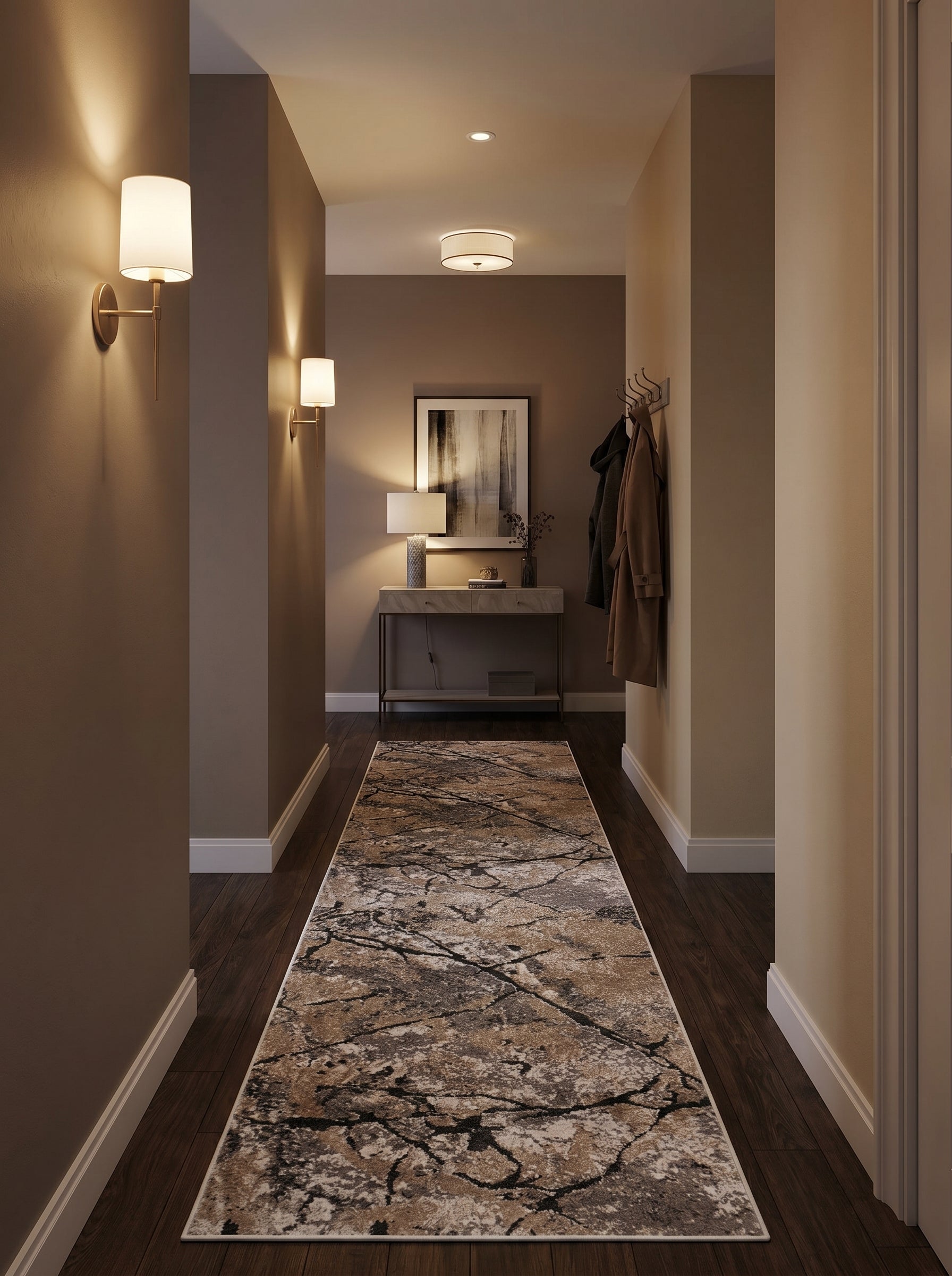 Tapis de couloir beige, marron et gris aux motifs abstraits foncés, posé sur un parquet sombre dans une entrée ou un couloir