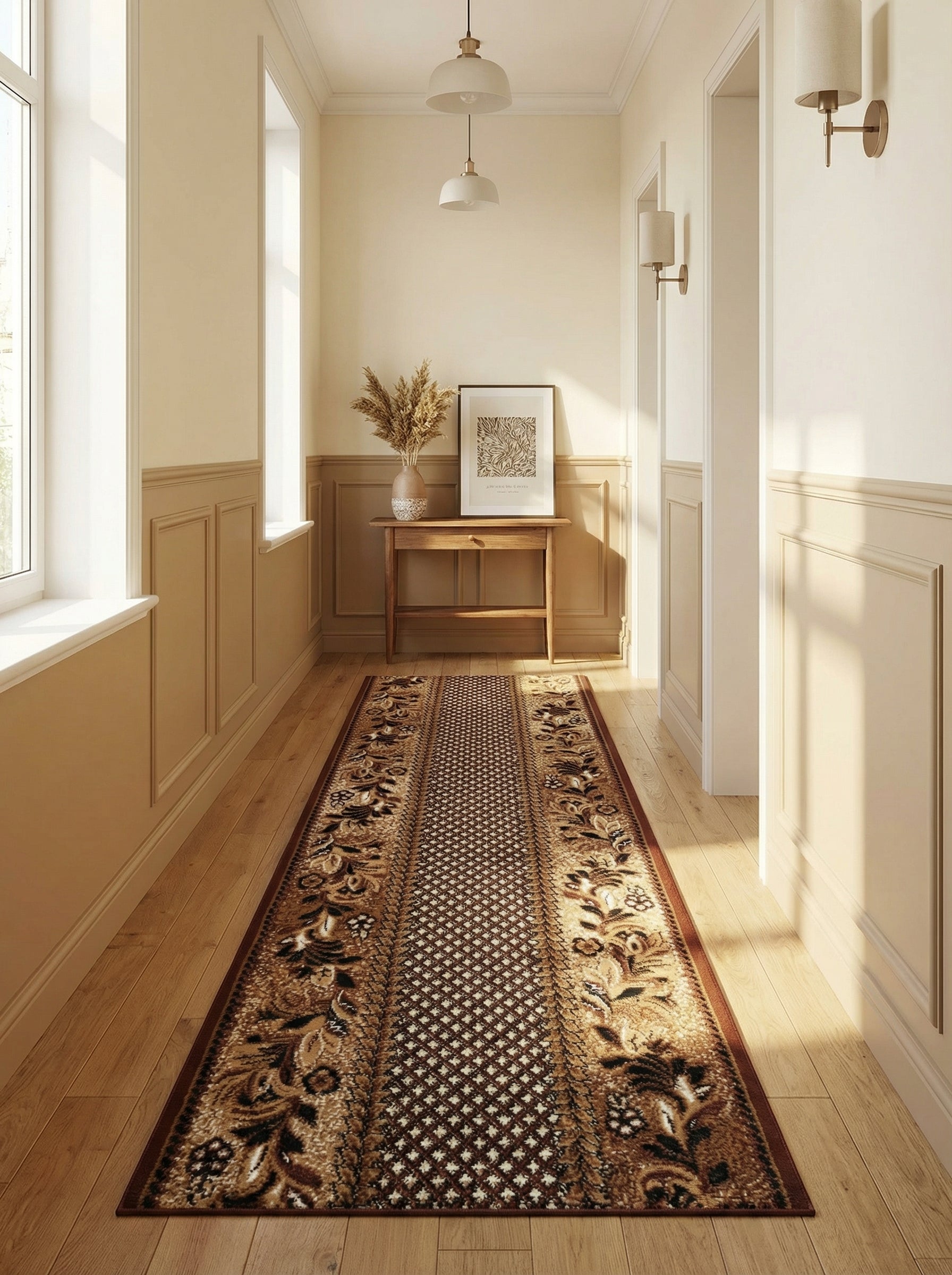 Long tapis couloir aux motifs floraux beiges et bruns foncés bordant un motif central en losanges clairs, sur parquet dans un hall