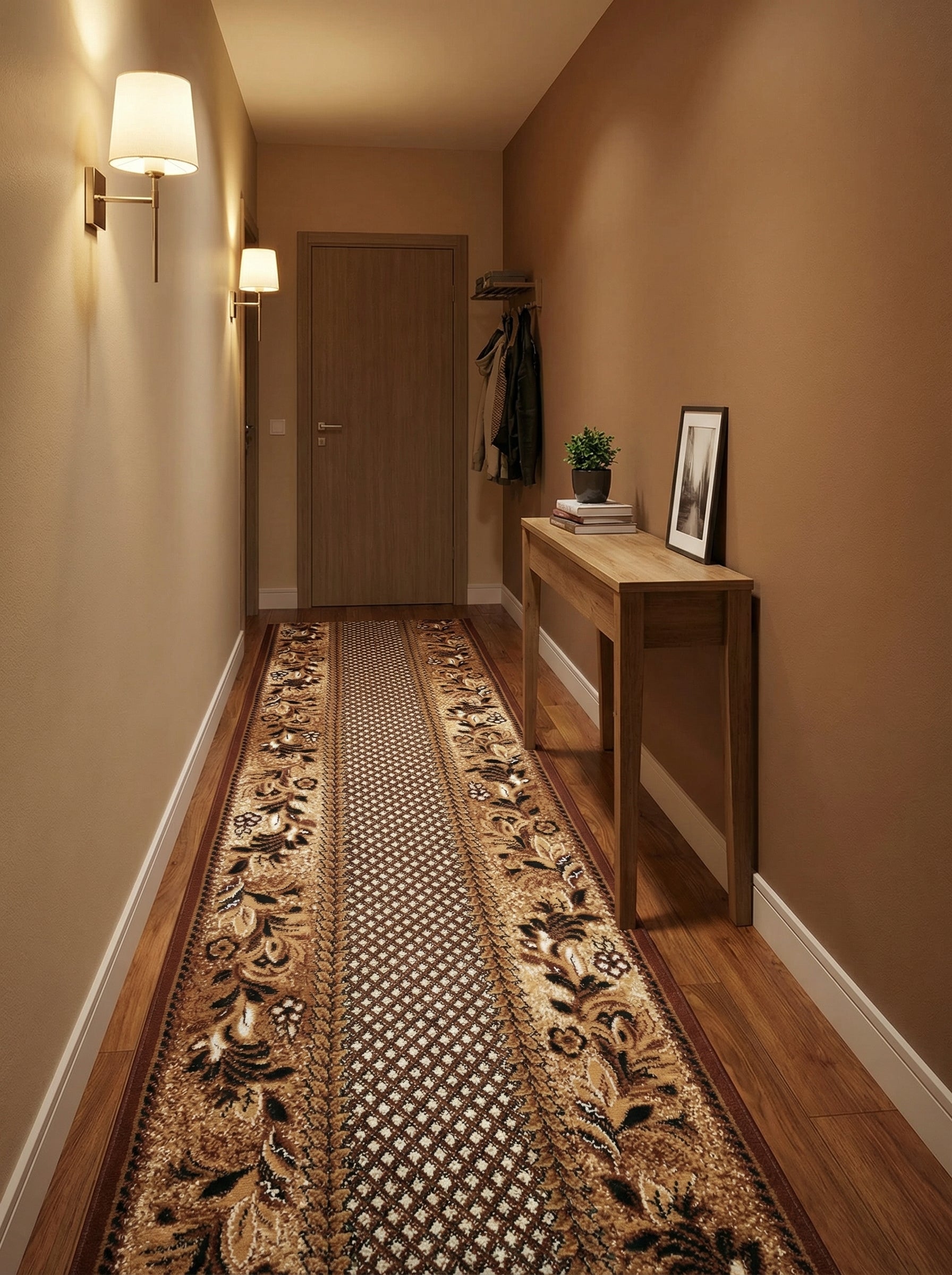 Long tapis de couloir aux motifs floraux et géométriques bruns et beiges dans une entrée