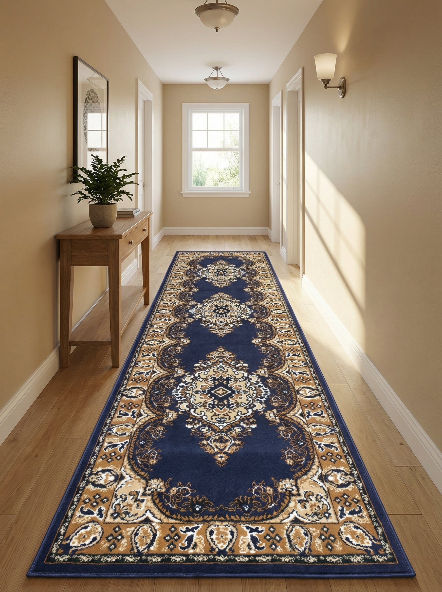 Tapis de couloir doux bleu foncé, orné de motifs classiques beiges et bruns, posé sur un parquet en bois dans un long couloir