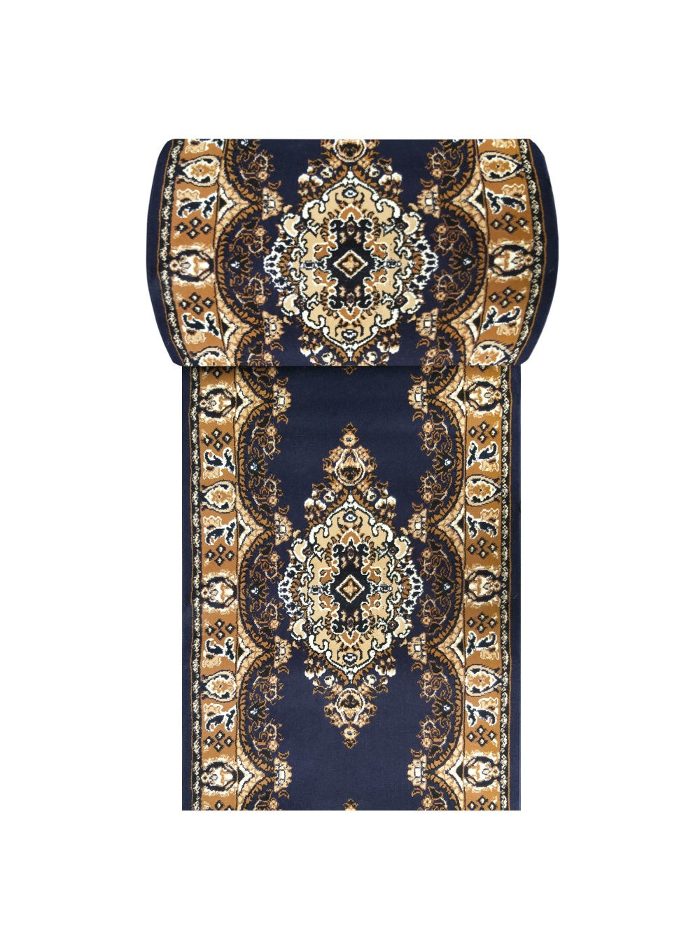 Tapis bleu foncé à motifs ornementaux de style persan en teintes d'or, de beige et de crème, la partie supérieure est roulée