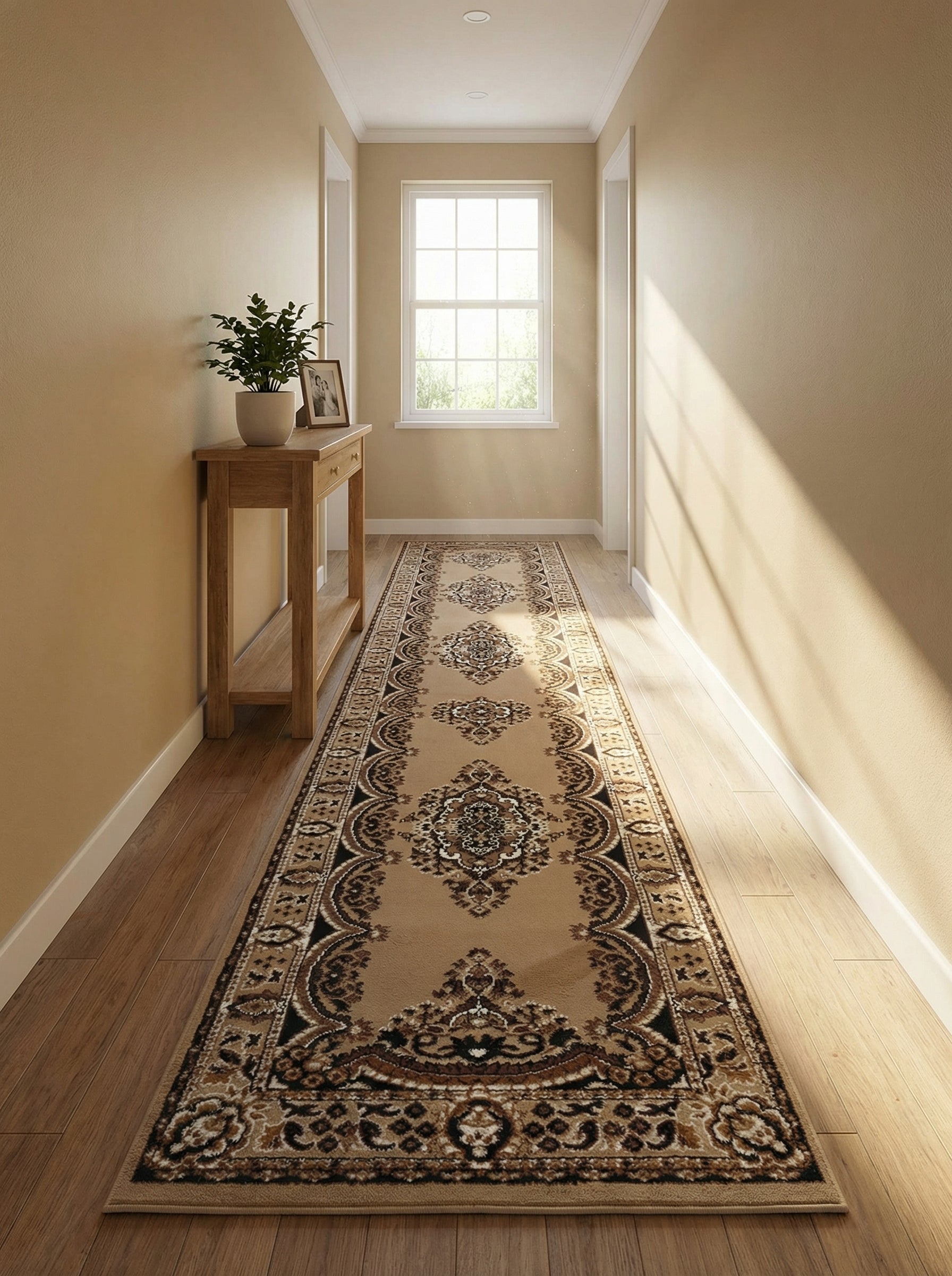 Long tapis beige à motifs médaillons floraux et bordures classiques noirs, marron et crème, posé dans un couloir moderne et lumineux