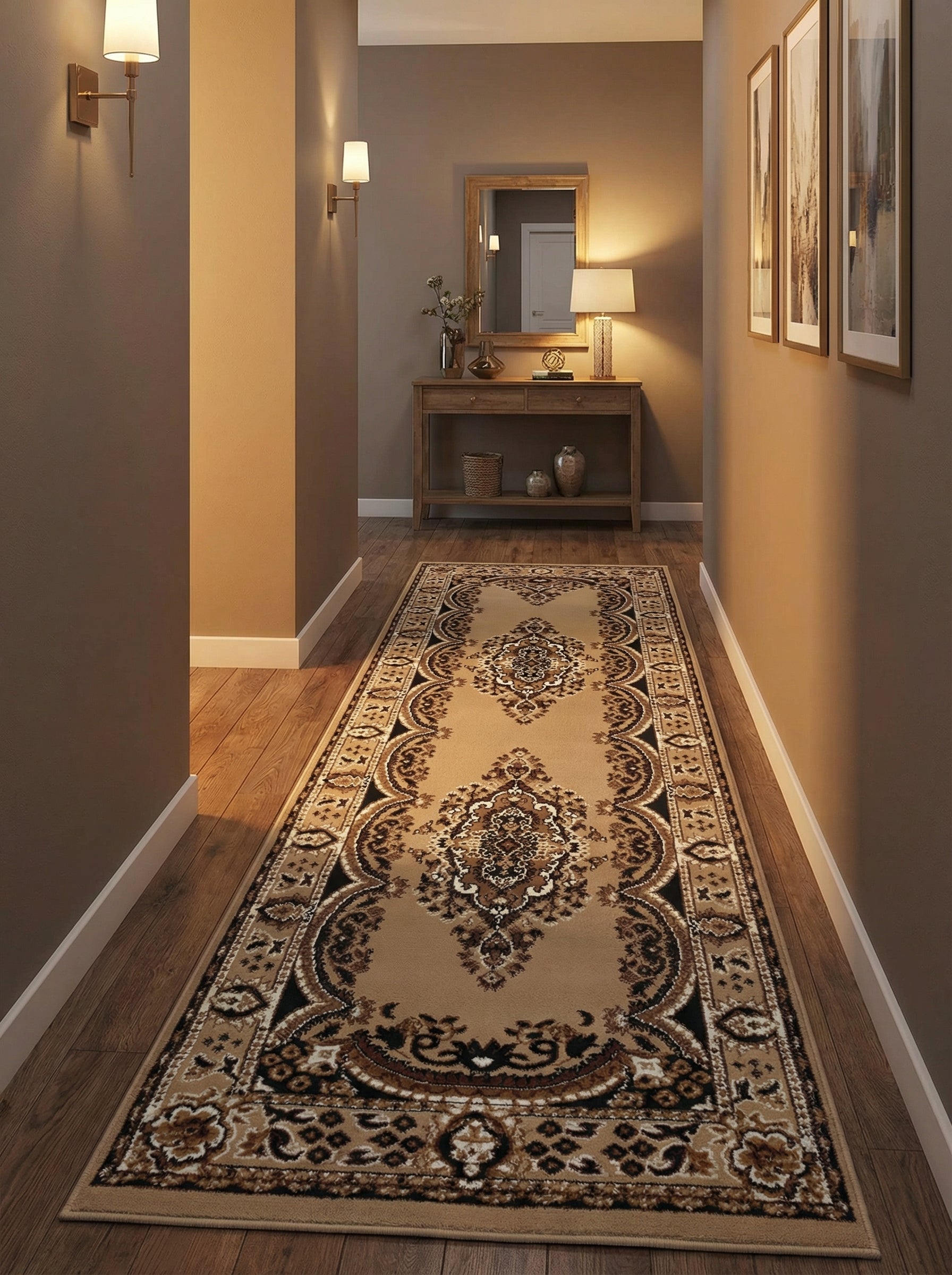 Grand tapis de couloir beige et marron clair avec des motifs ornementaux classiques noir et blanc cassé sur un parquet dans une entrée