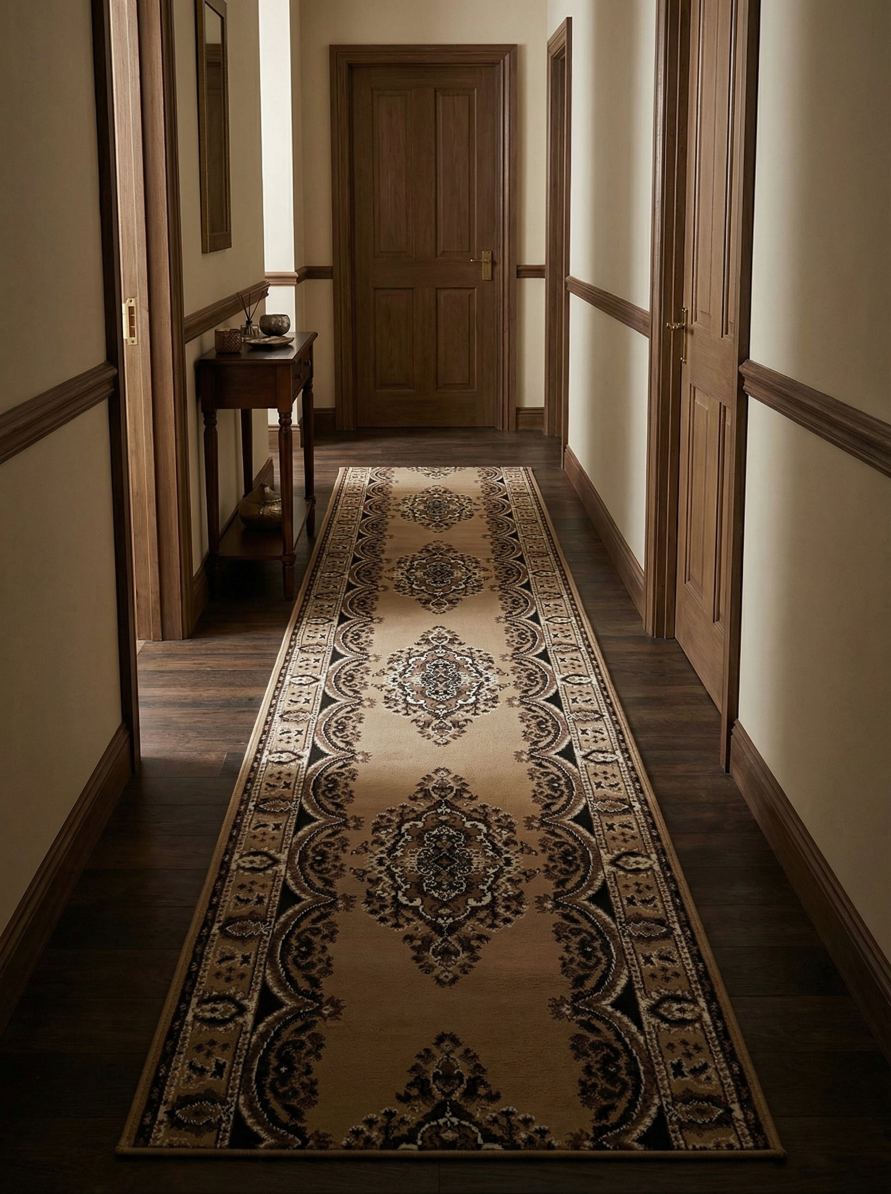 Long tapis beige clair à motifs traditionnels ornementaux marron foncé et crème dans un couloir boisé