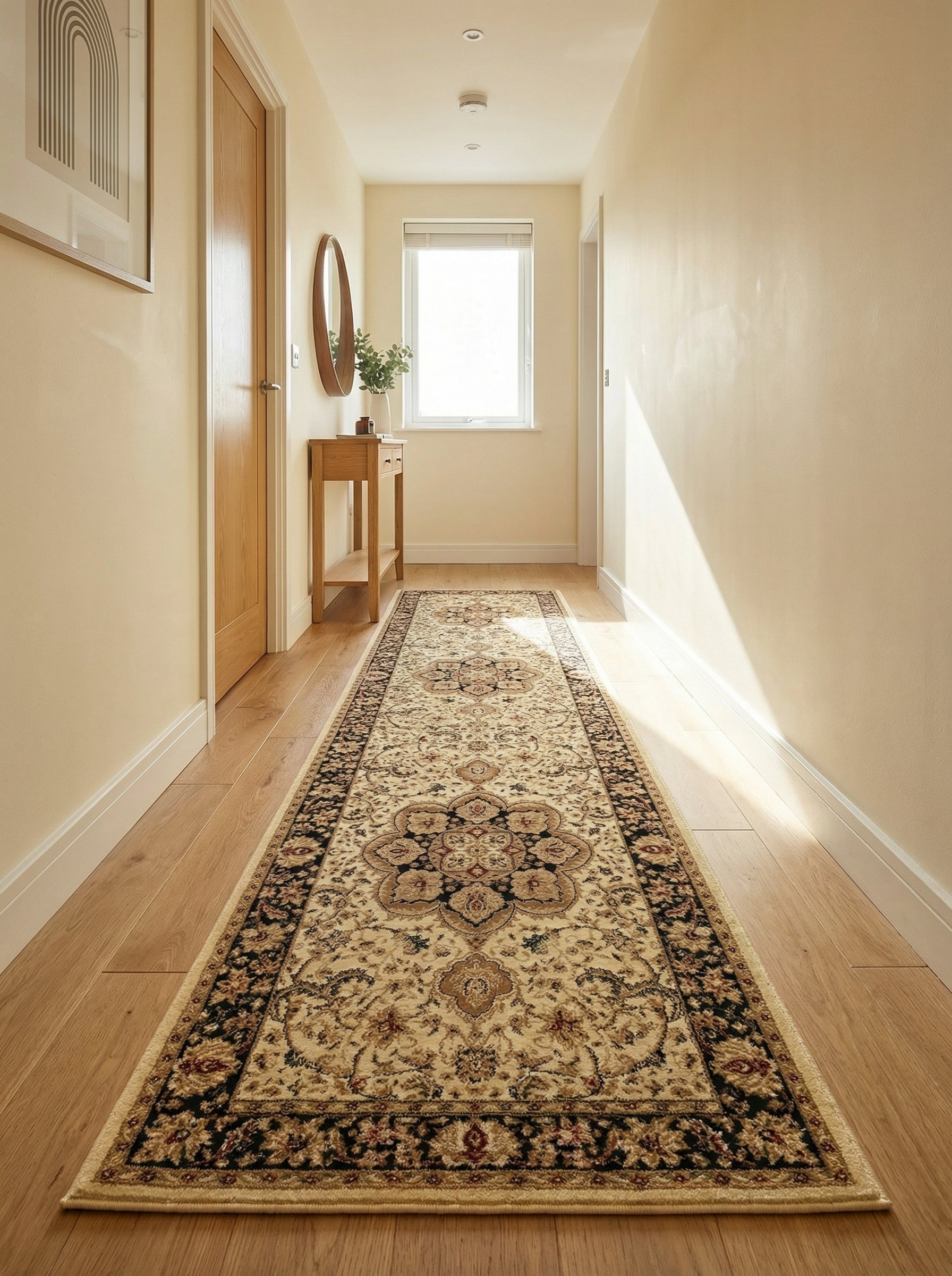 Tapis long crème aux motifs floraux et médaillons noirs, marron et rouges, posé sur un parquet clair dans un couloir lumineux