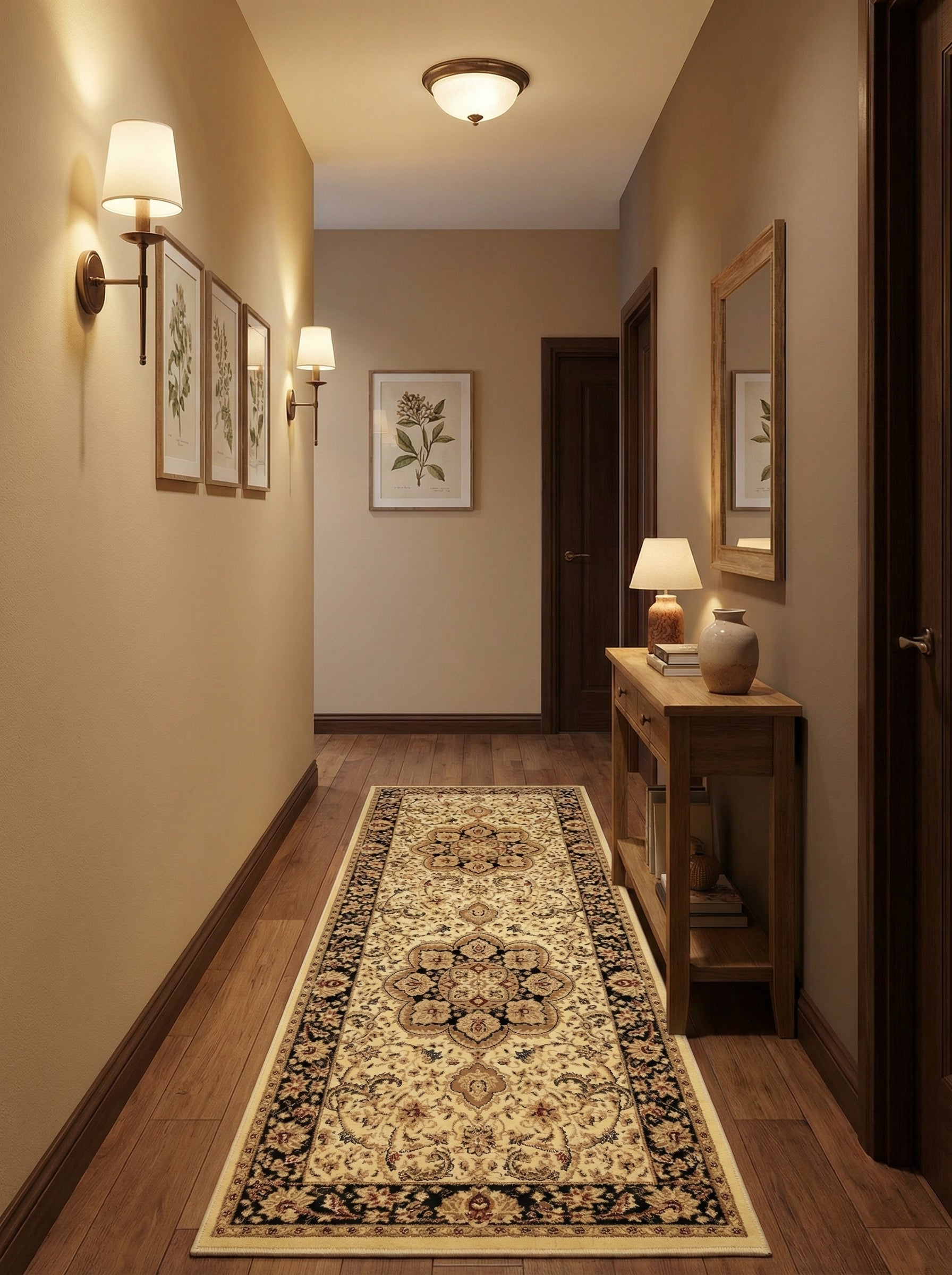 Long tapis coureur crème aux motifs floraux et ornementaux traditionnels noirs, bruns et dorés, posé sur un parquet clair dans un couloir éclairé