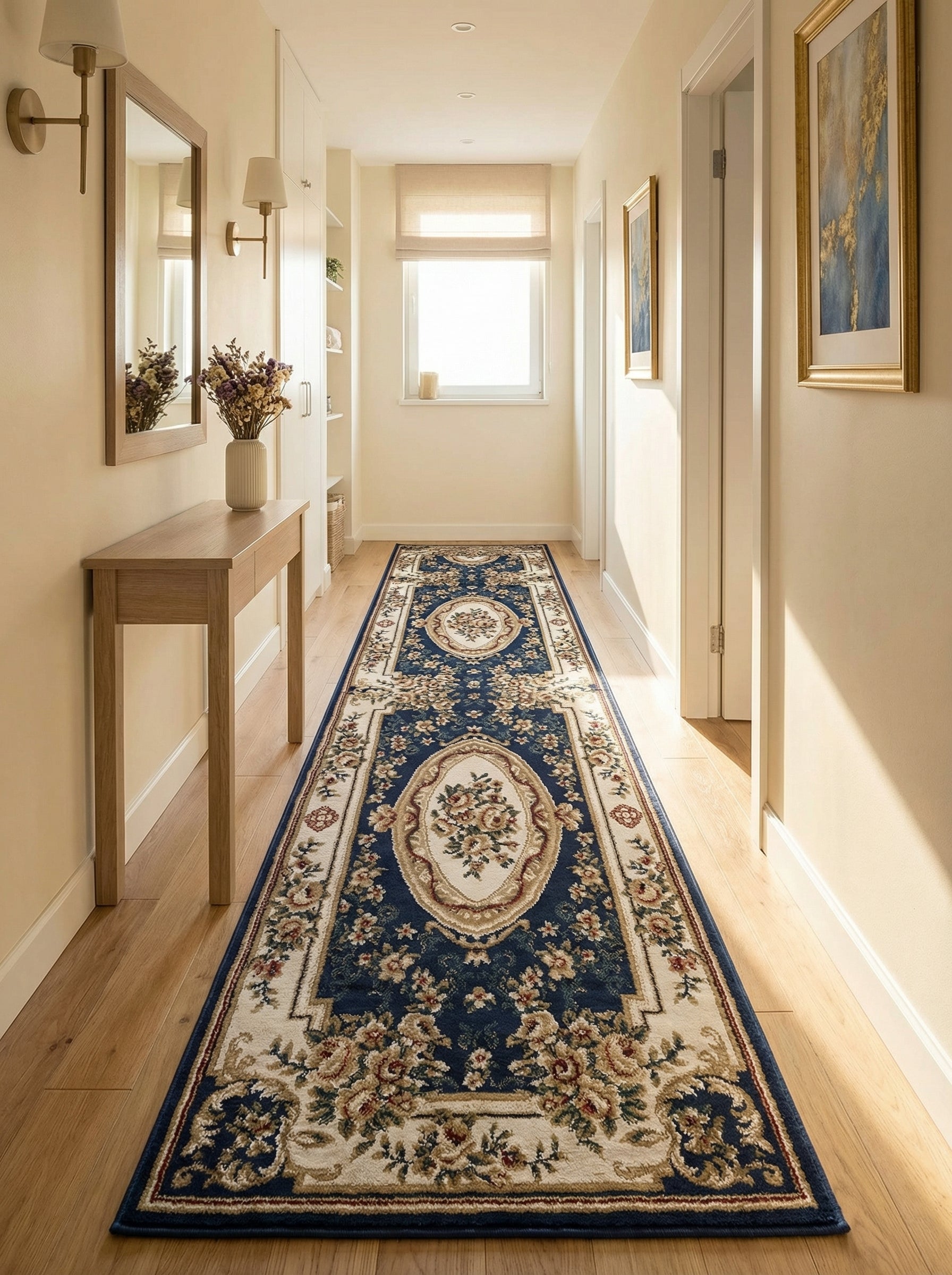 Tapis long bleu marine et crème avec médaillons floraux et motifs classiques, posé sur un parquet clair dans un couloir décoré