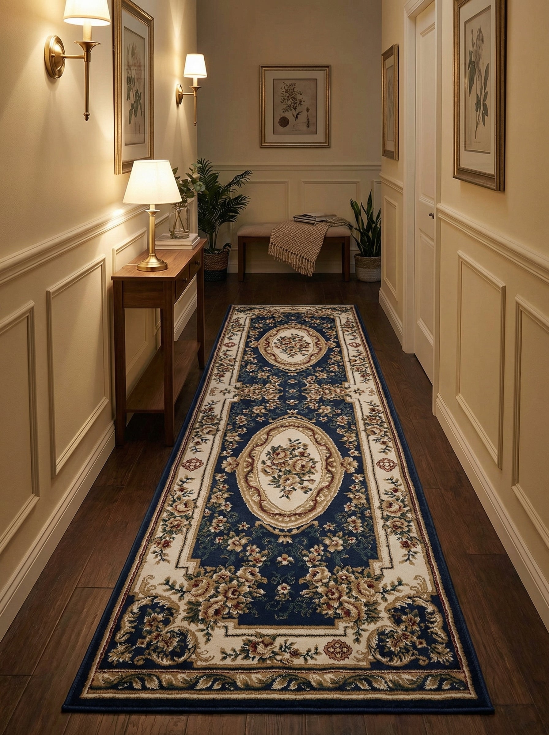 Long tapis de couloir bleu marine aux motifs floraux classiques crème et or, avec médaillons, dans un couloir élégant
