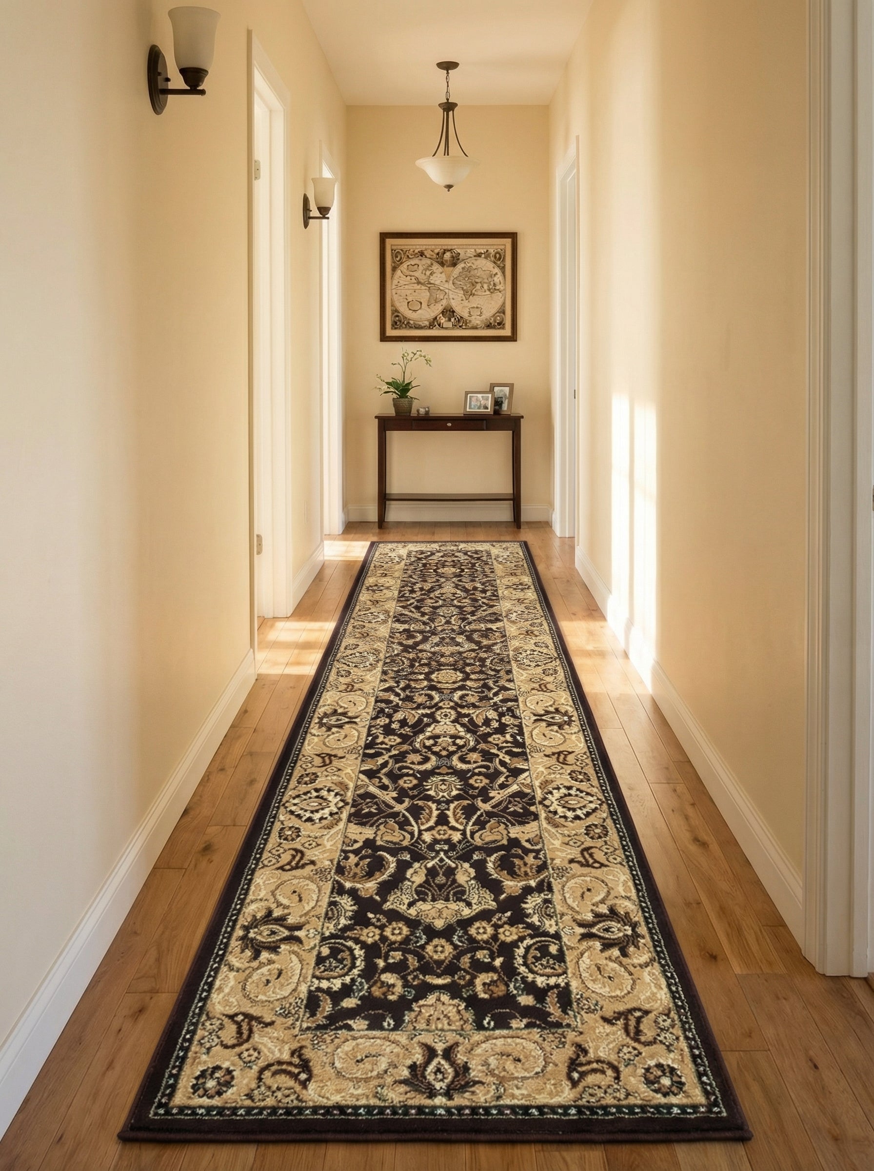Long tapis de couloir à motifs floraux classiques marron foncé et beiges, sur un parquet en bois clair dans un couloir