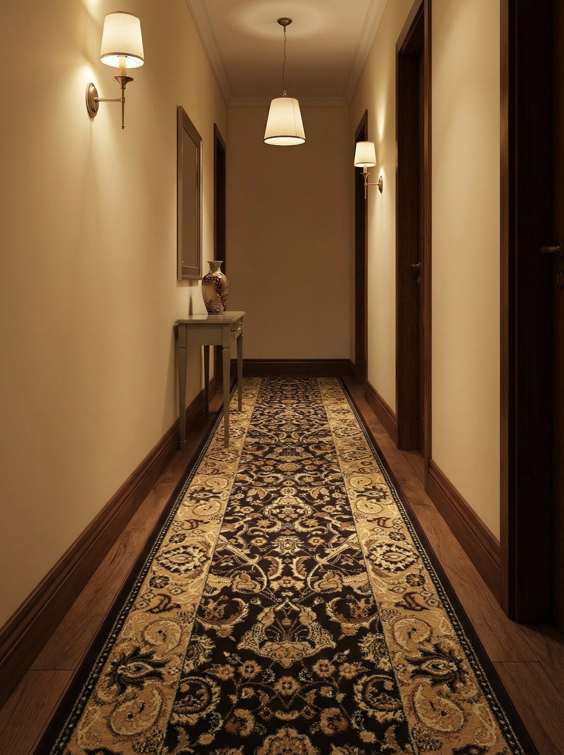 Tapis de couloir à motifs floraux et arabesques complexes en beige clair et marron foncé, posé dans un élégant couloir d'entrée