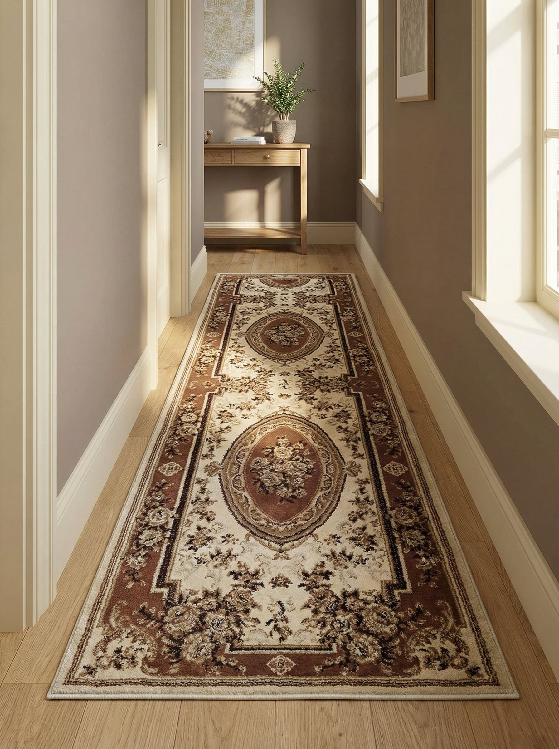 Long tapis de couloir crème et marron à motifs floraux et médaillons ovales, posé sur un parquet clair dans une entrée ensoleillée