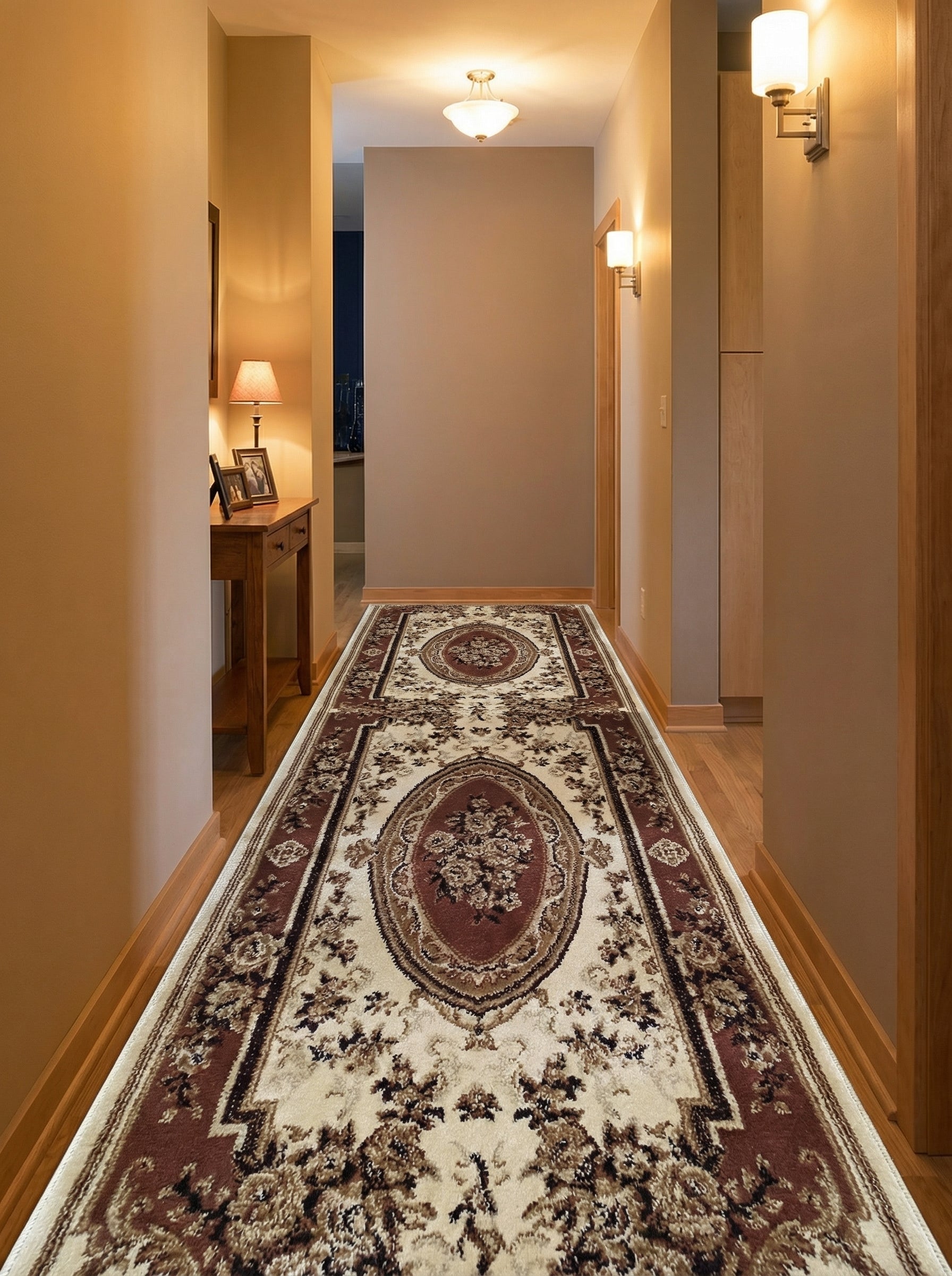 Long tapis de couloir aux motifs floraux et médaillons centraux en crème, bordeaux et marron, posé sur un parquet dans un couloir lumineux