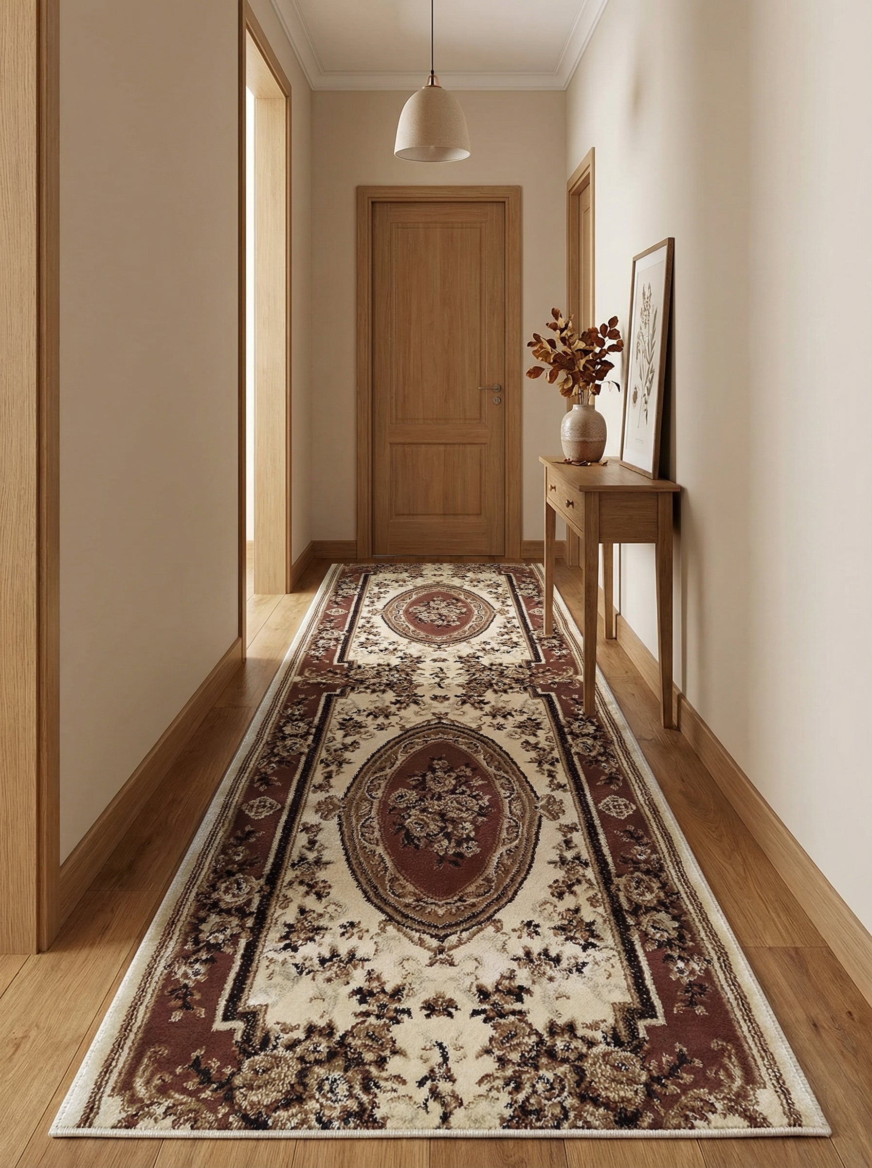 Long tapis de couloir crème et bordeaux aux motifs floraux classiques, posé sur un parquet clair dans un couloir élégant