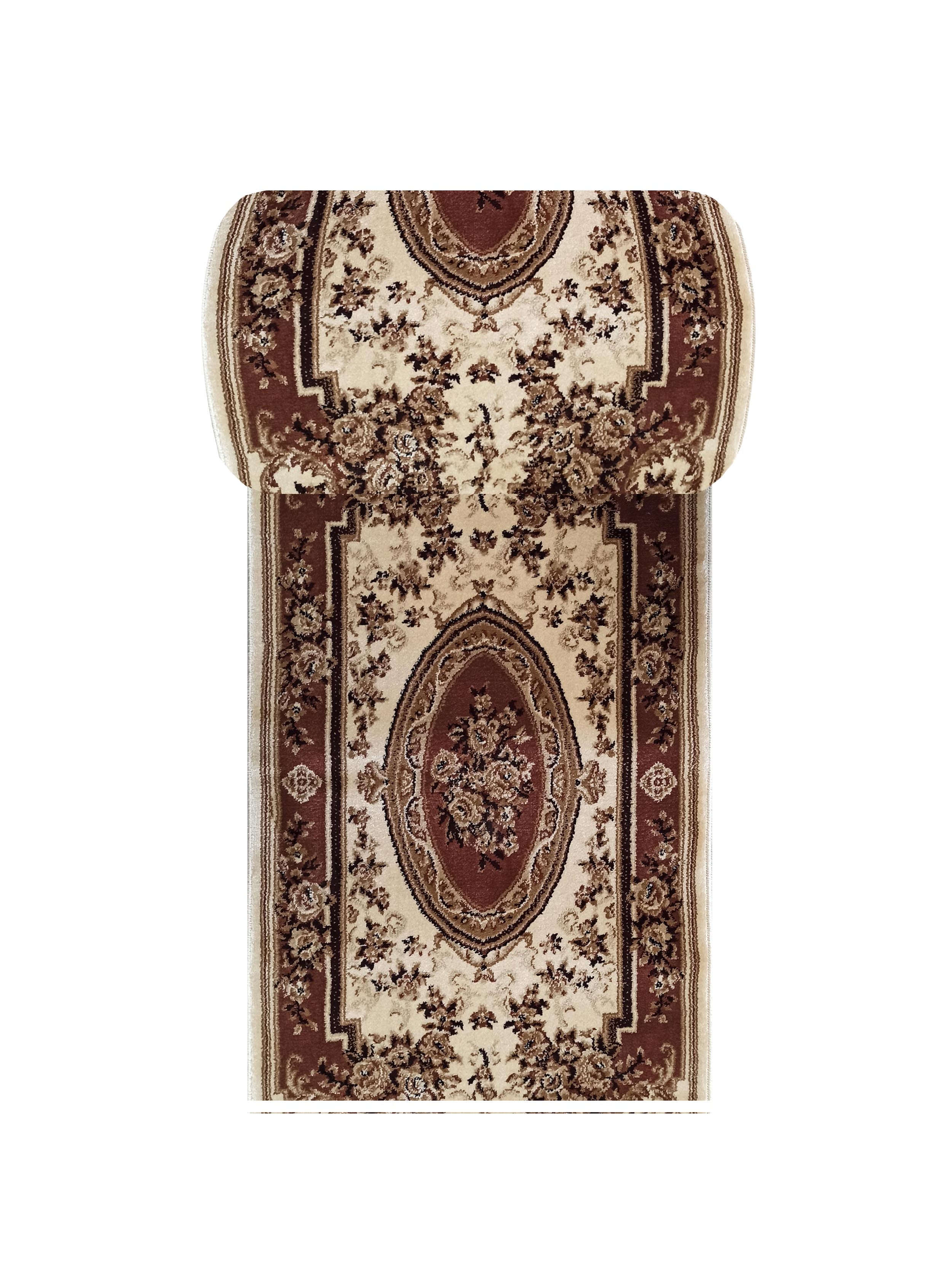 Tapis à motifs floraux traditionnels beige et marron, avec médaillon central, bordures décorées et une extrémité roulée