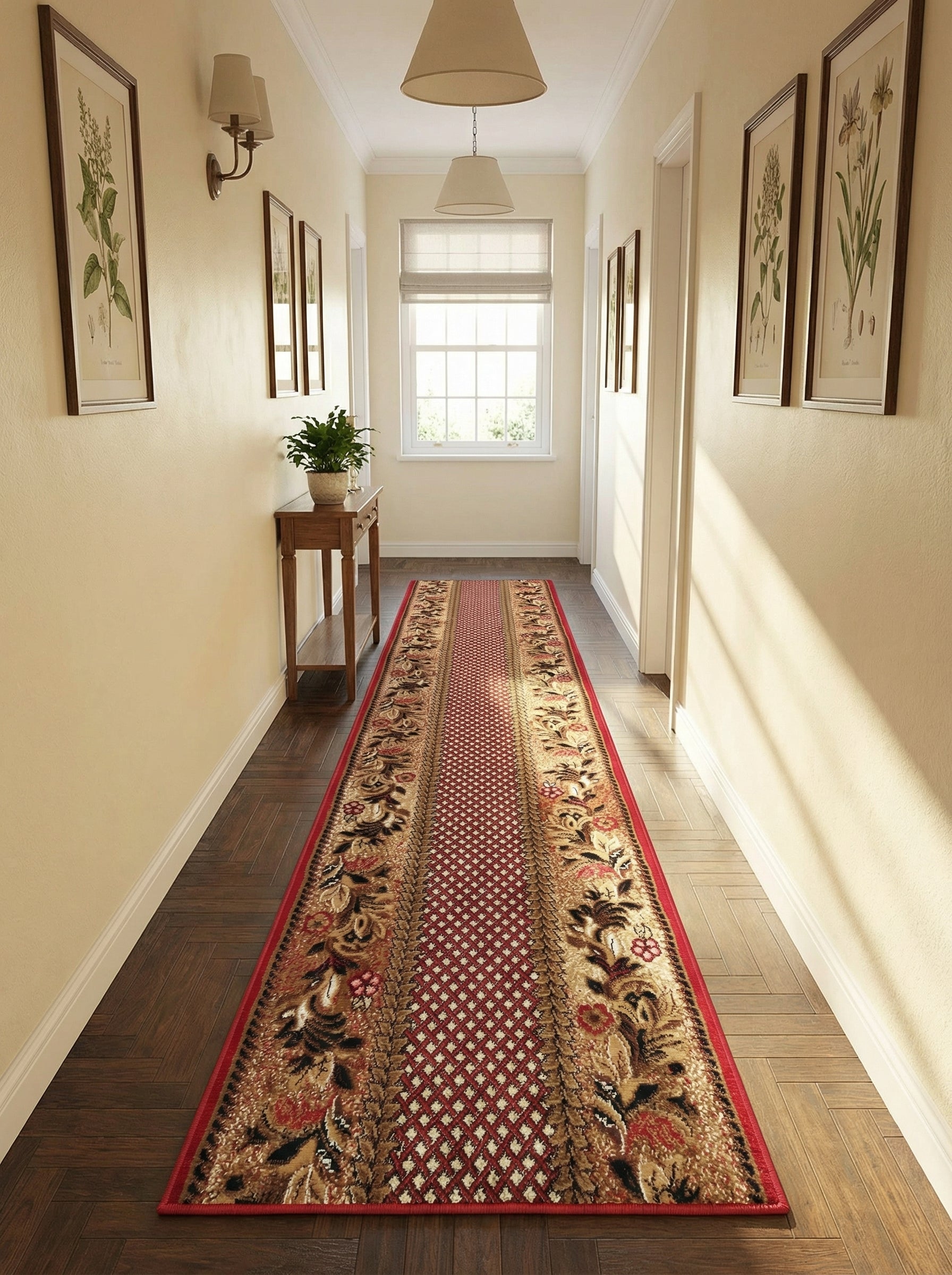 Chemin de couloir rouge bordeaux et beige, avec motifs floraux entrelacés et losanges au centre, dans un couloir lumineux