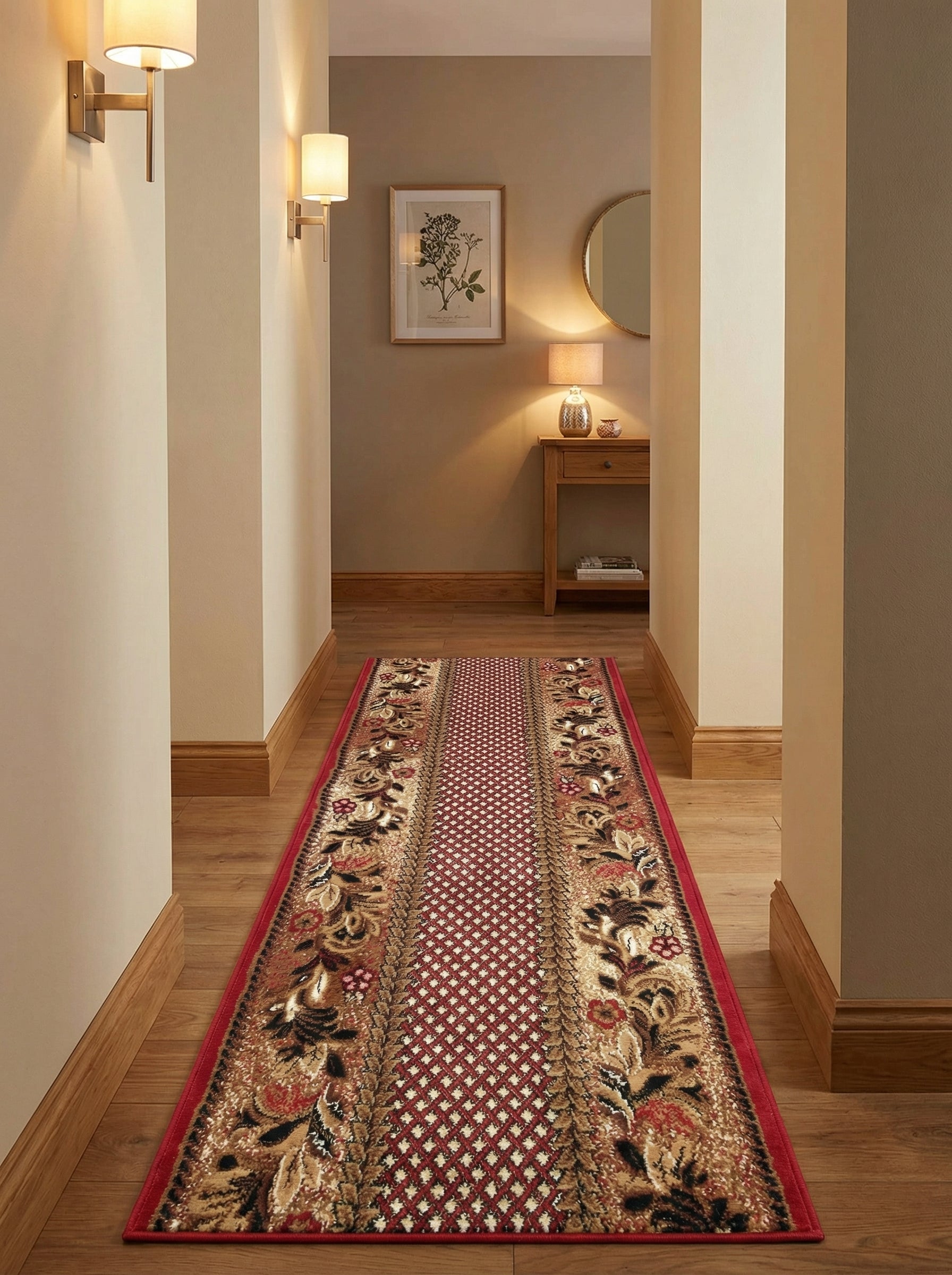 Long tapis de couloir rouge et beige à motifs floraux et géométriques, posé sur un parquet en bois dans un couloir éclairé