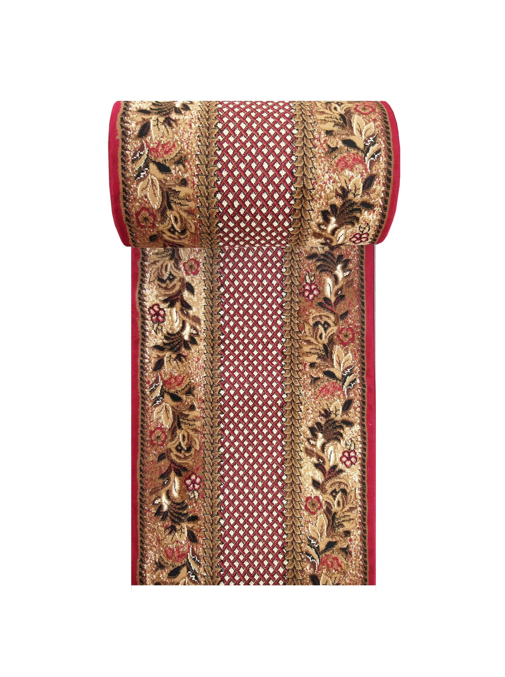 Tapis enroulé à bordures rouges, motifs floraux dorés, noirs et rouges, et bande centrale à losanges rouges et blancs