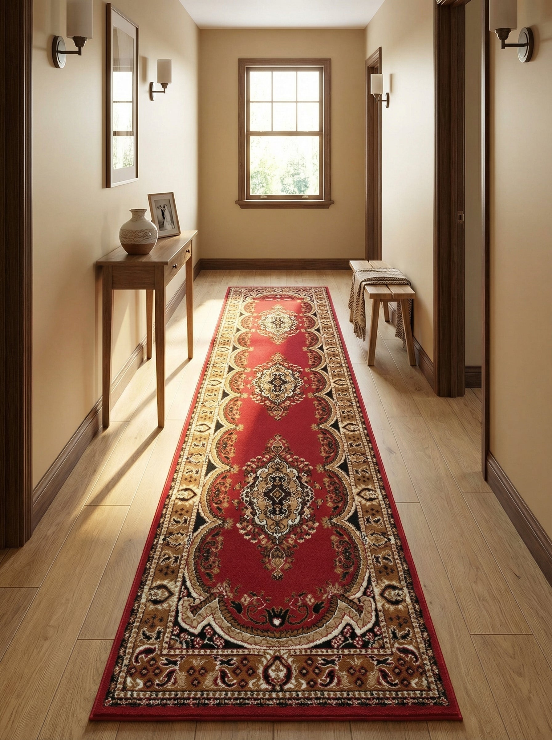Tapis de couloir rouge avec des motifs persans ornés couleur crème, or et noir sur un sol en bois clair dans un couloir