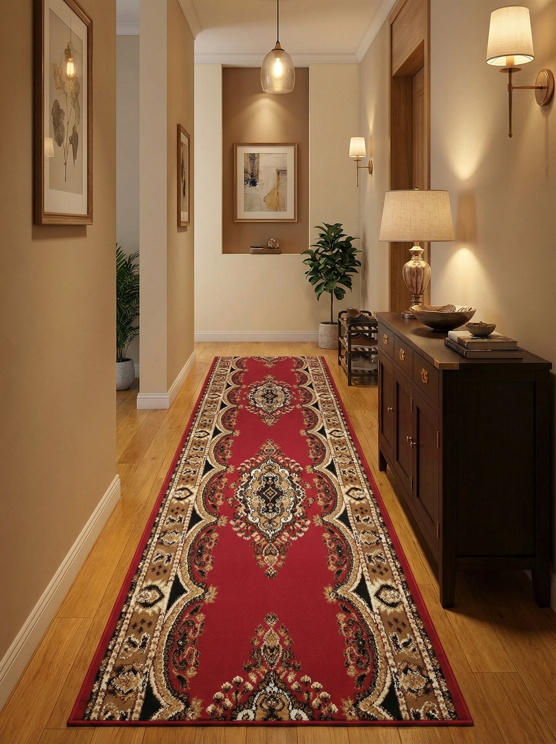 Tapis de couloir rouge avec motifs ornementaux beiges, noirs et marrons clairs, posé sur un parquet dans une entrée