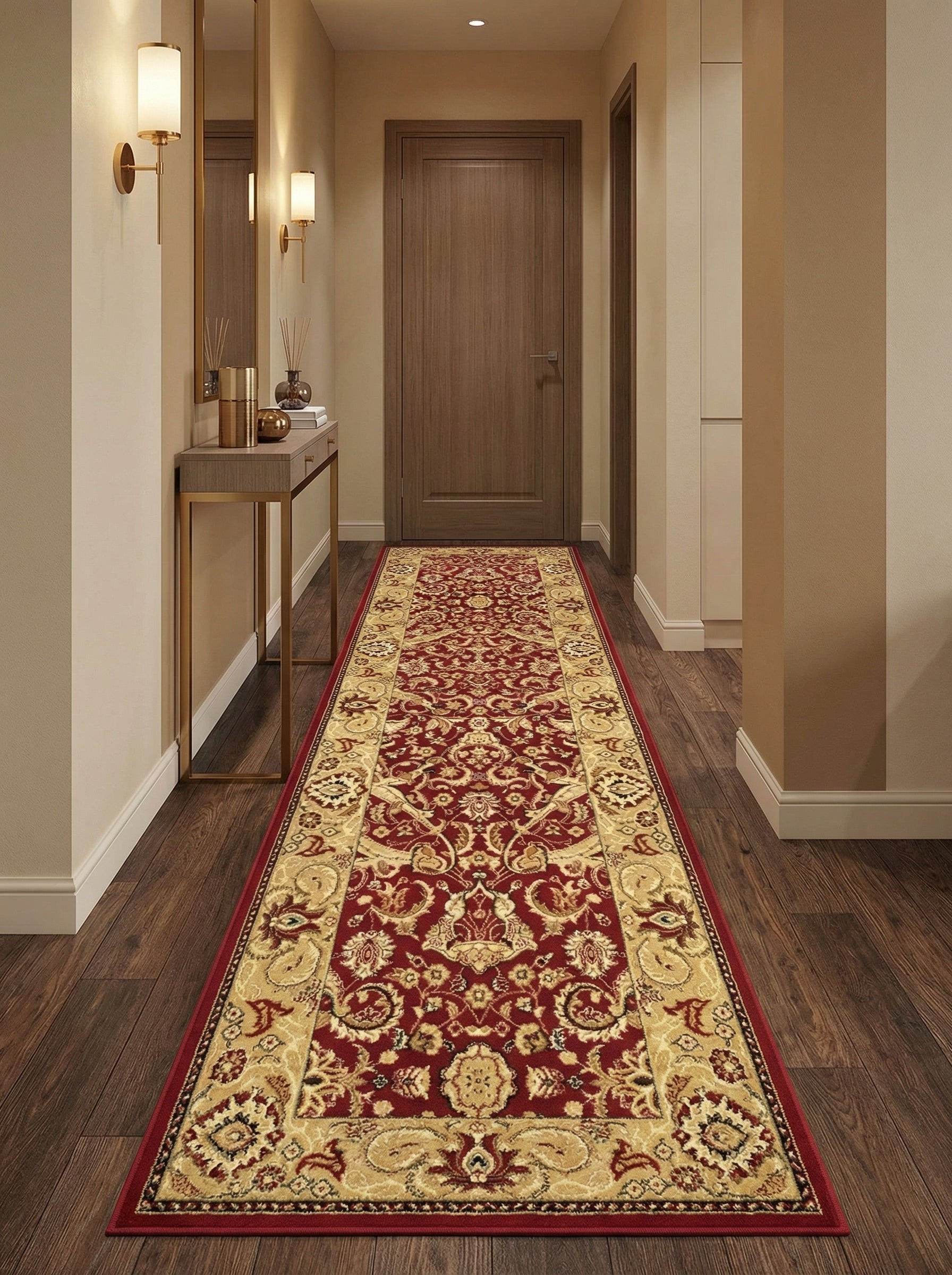 Long tapis de couloir rouge rubis à motifs floraux et arabesques beiges, posé sur un parquet foncé dans une entrée élégante