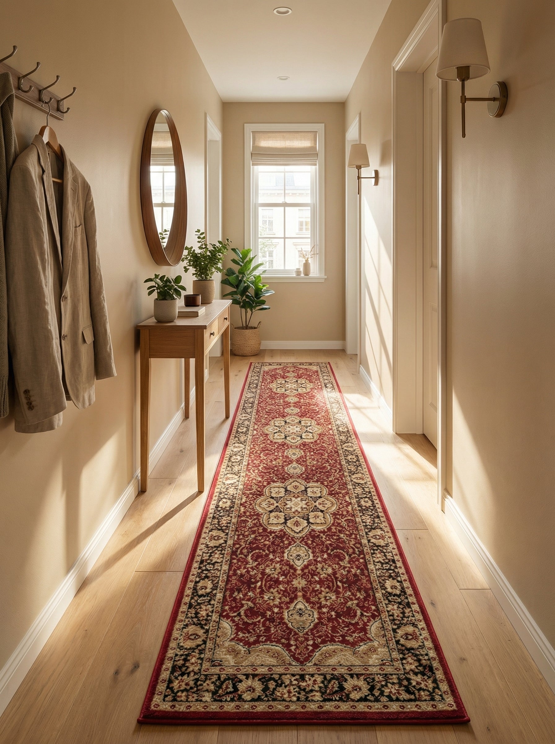 Long tapis de couloir rouge bordeaux aux motifs persans crème et noirs posé sur un parquet clair dans une entrée lumineuse