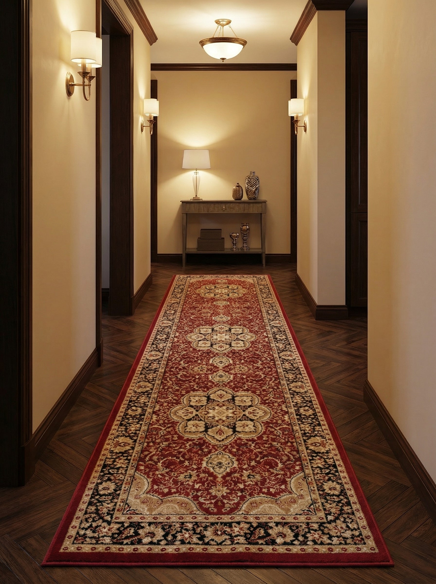Tapis de couloir rouge avec de riches motifs orientaux dorés et noirs, en textile doux, posé sur un parquet dans une entrée lumineuse