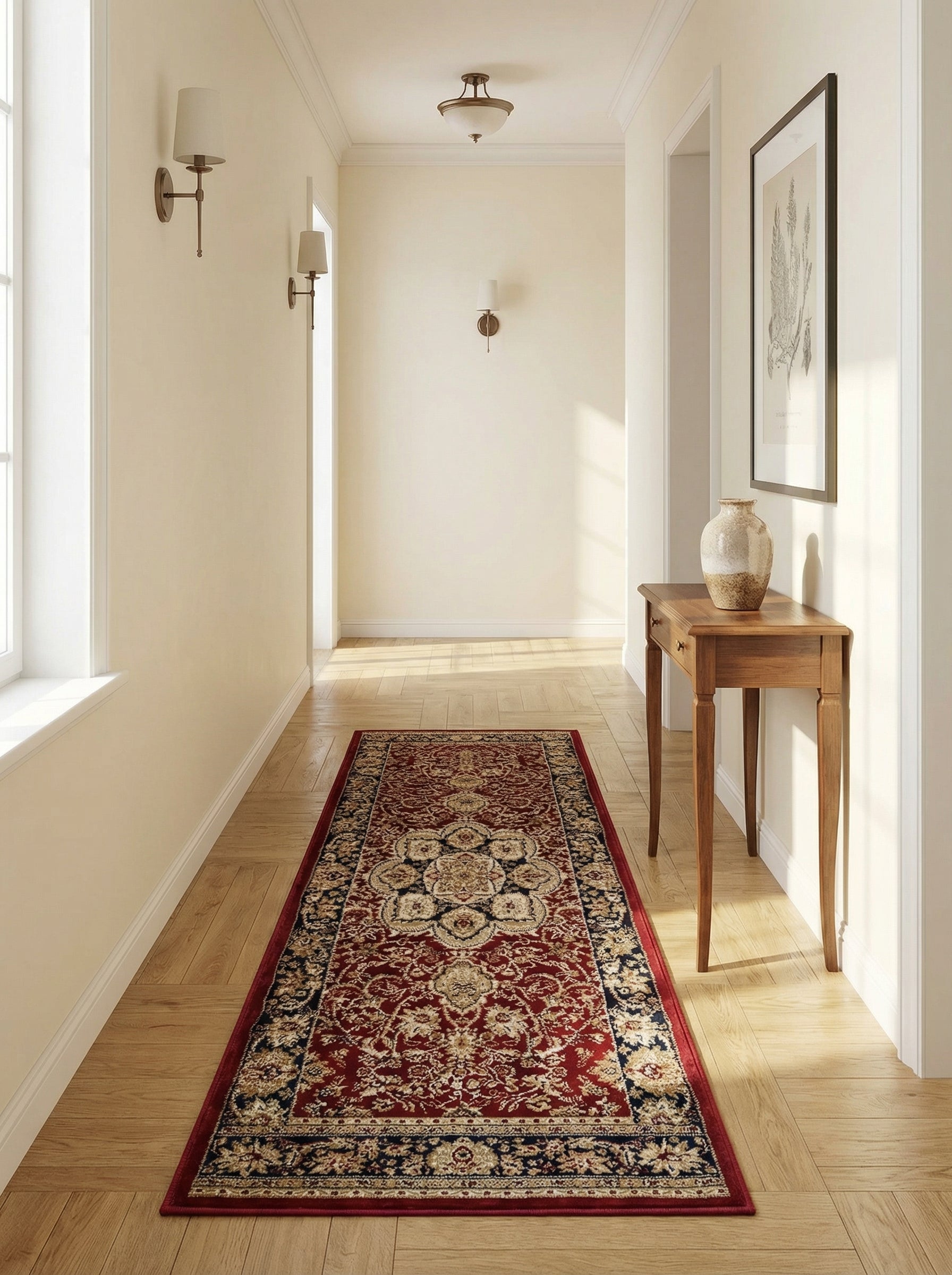 Tapis de couloir rouge bordeaux à motifs classiques crème et bleu foncé sur un parquet clair dans une élégante entrée