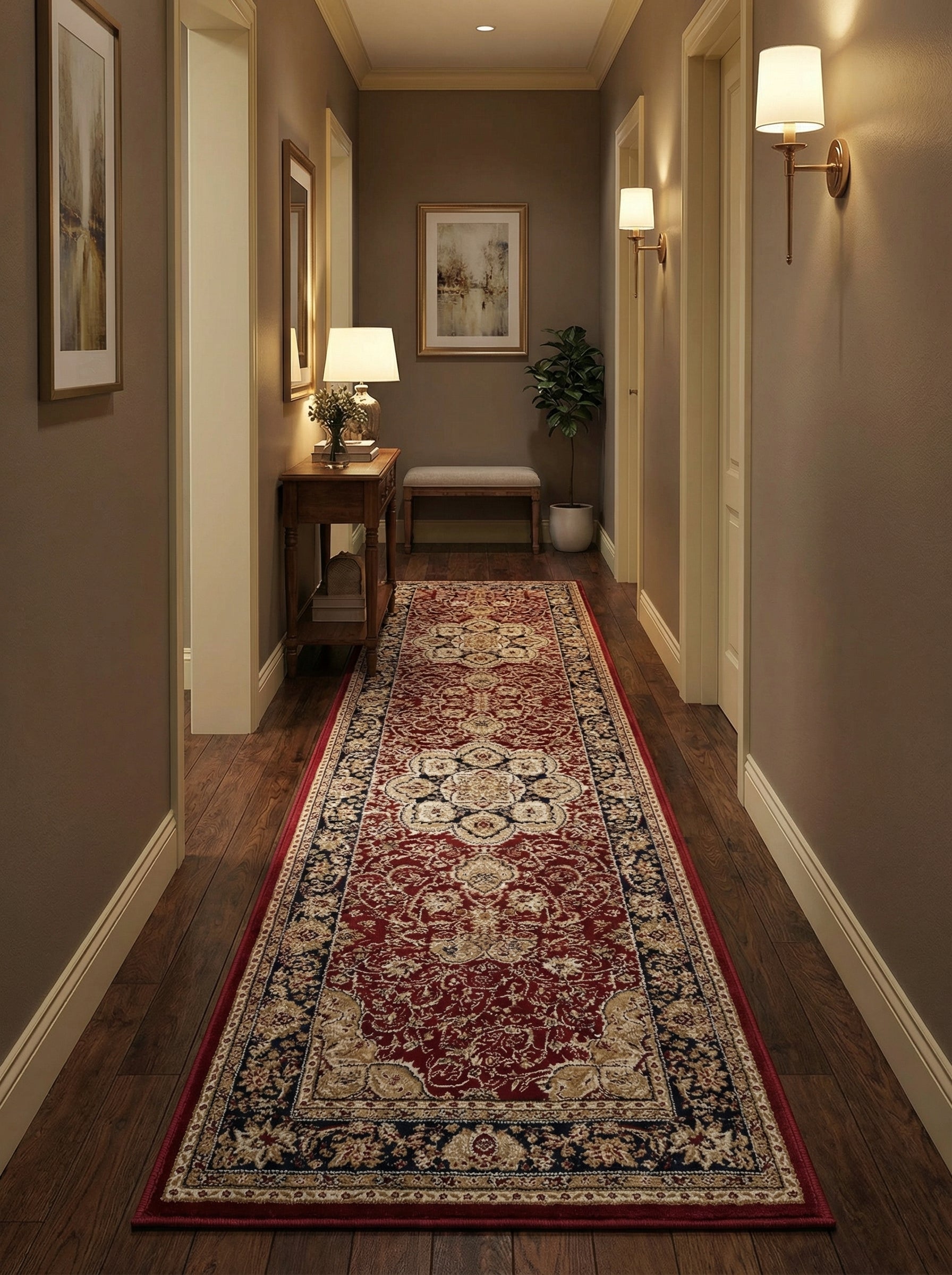 Long tapis rouge bordeaux aux motifs ornementaux crème et bleu marine, s'étendant sur un parquet dans un couloir décoré
