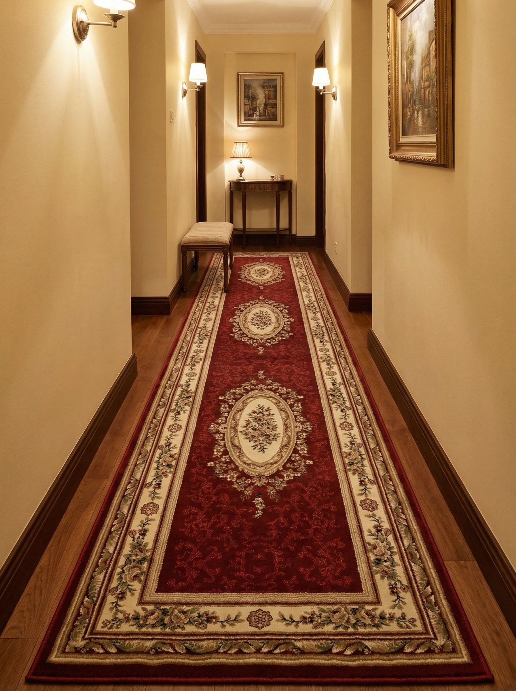 Tapis de couloir rouge bordeaux à motifs floraux et médaillons crème/dorés, posé sur parquet dans une entrée élégante