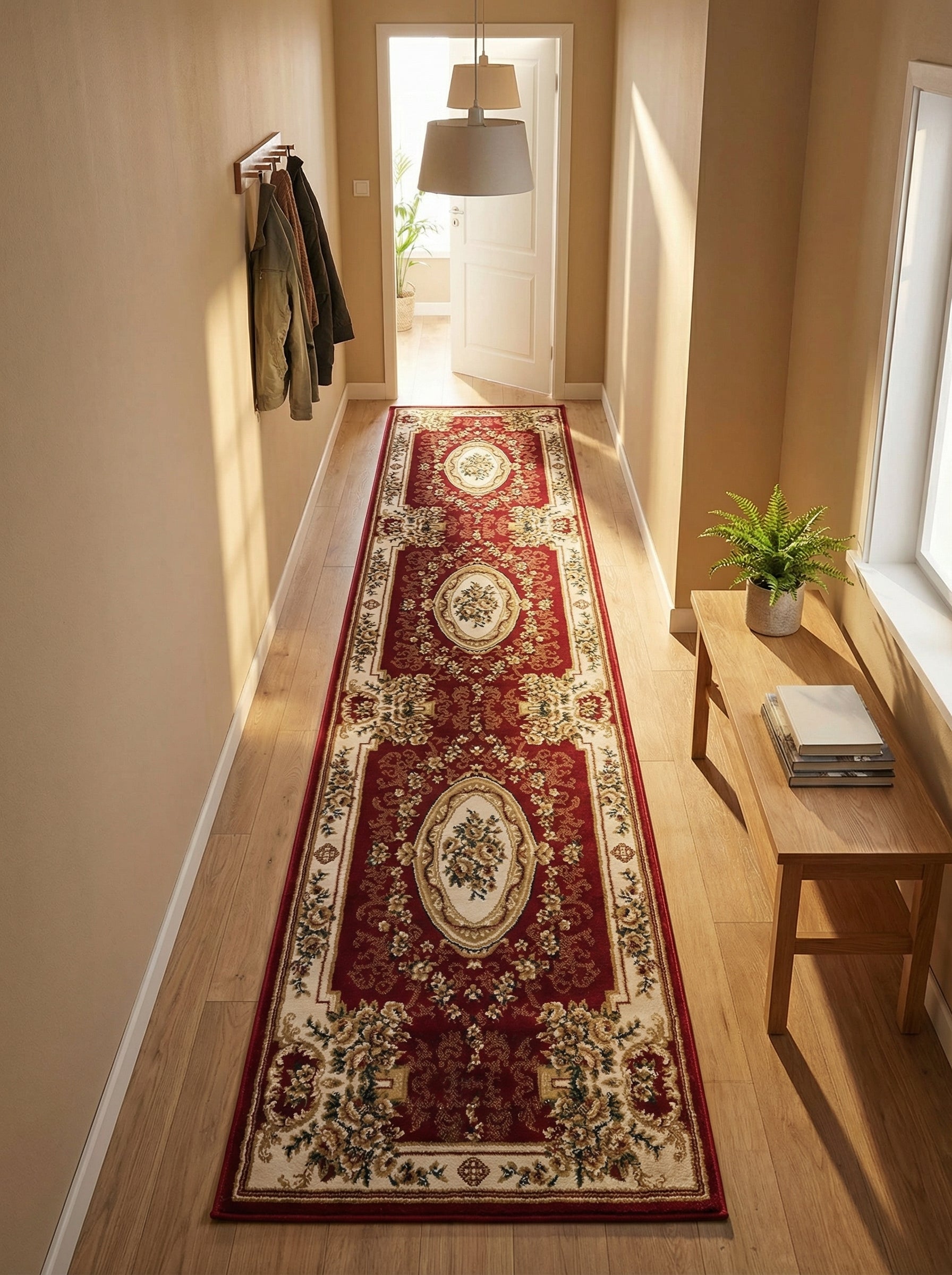Tapis de couloir rouge bordeaux aux motifs floraux crème, verts et or avec médaillons ovales, sur un parquet clair dans une entrée