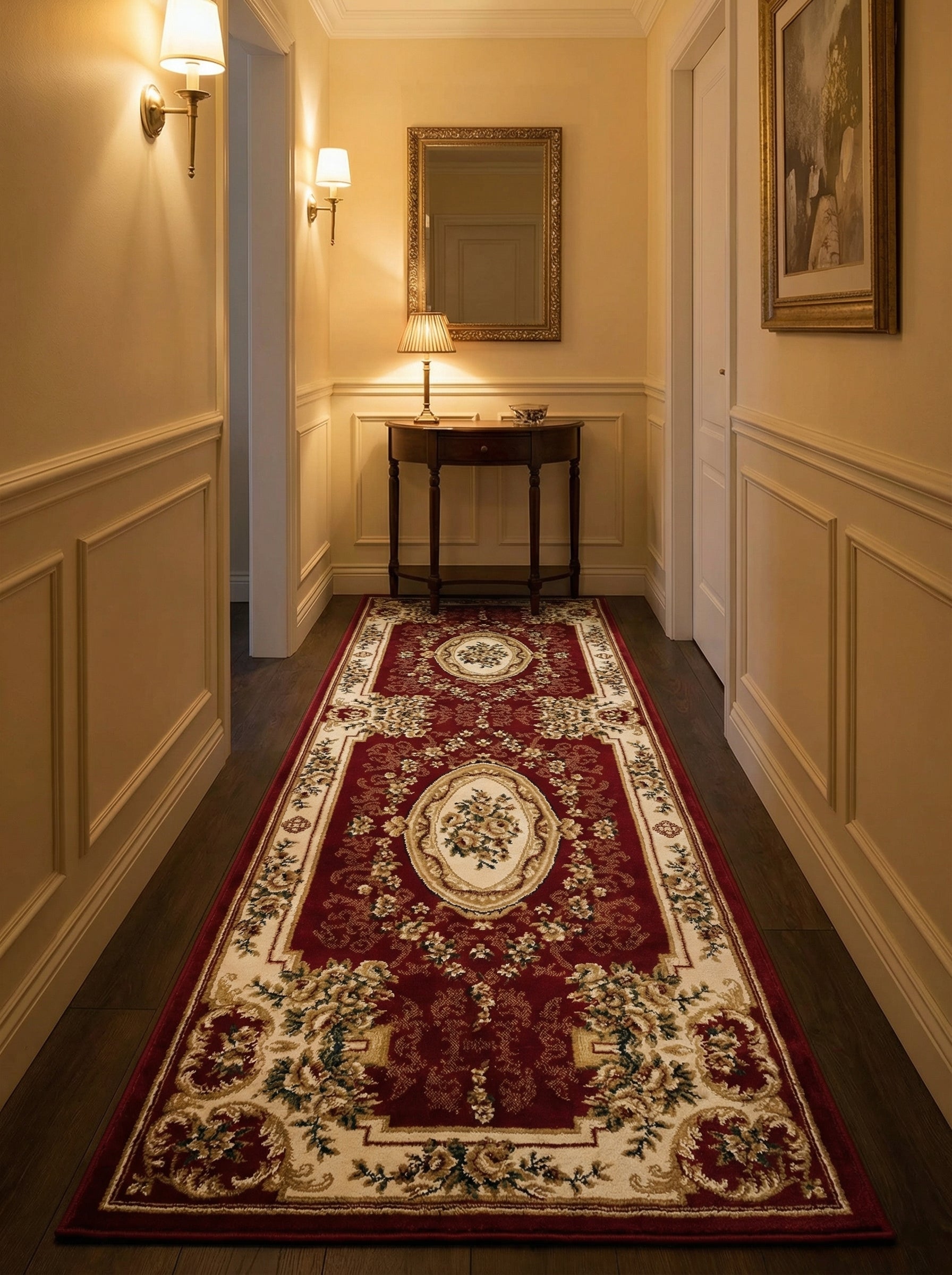 Tapis chemin de couloir rouge bordeaux à motifs floraux crème et or et médaillons, dans une élégante entrée