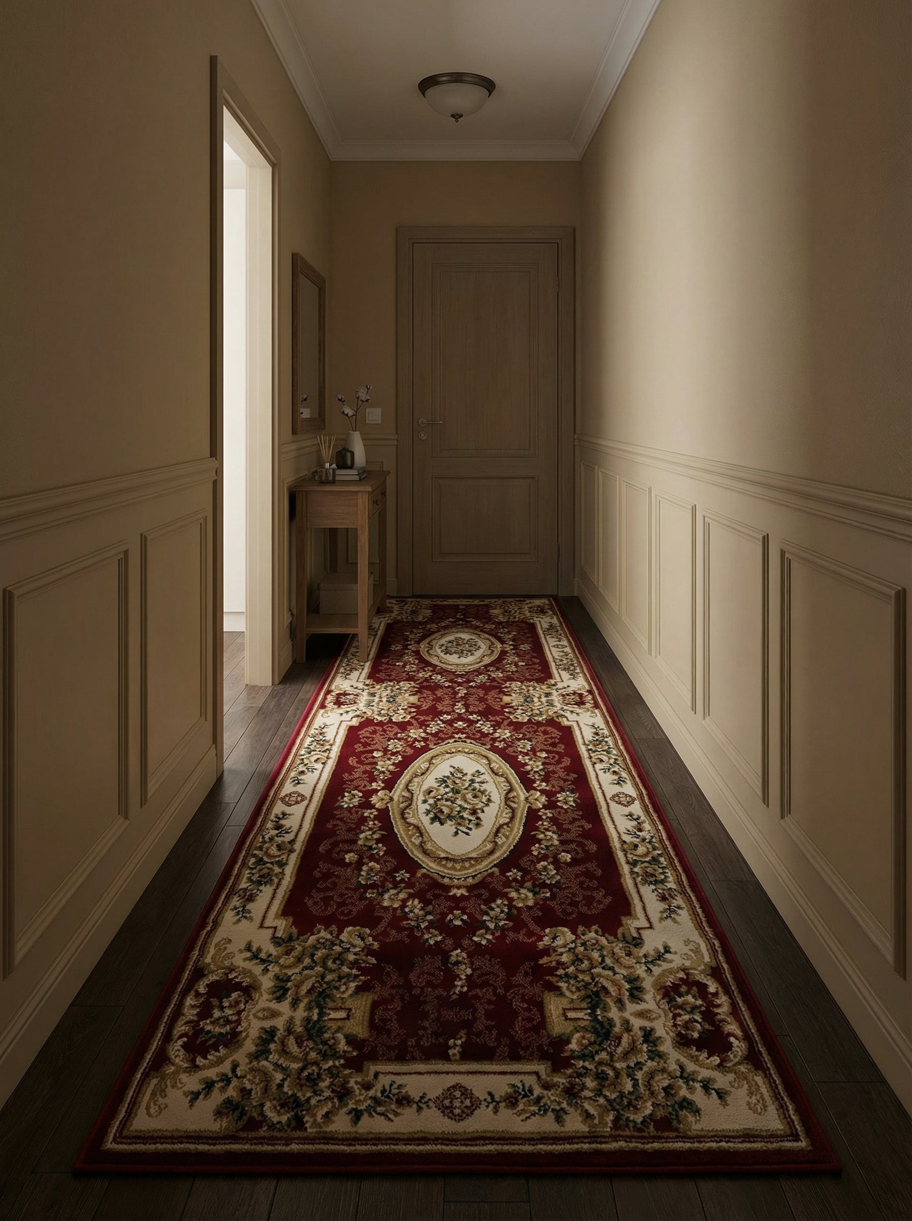 Tapis de couloir rouge bordeaux aux riches motifs floraux crème, or et vert, posé sur un plancher de bois foncé dans un élégant couloir