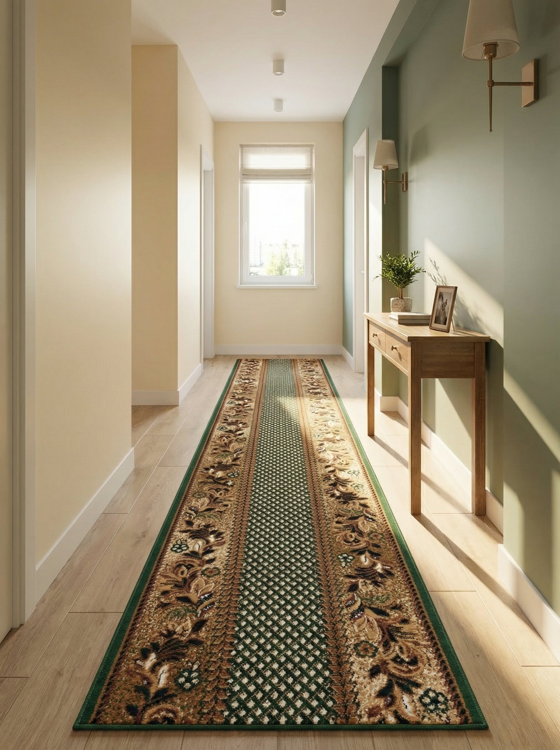 Tapis de couloir aux motifs floraux ornementaux beiges, marrons et verts sur un fond clair, son centre est vert foncé quadrillé, dans une entrée lumineuse