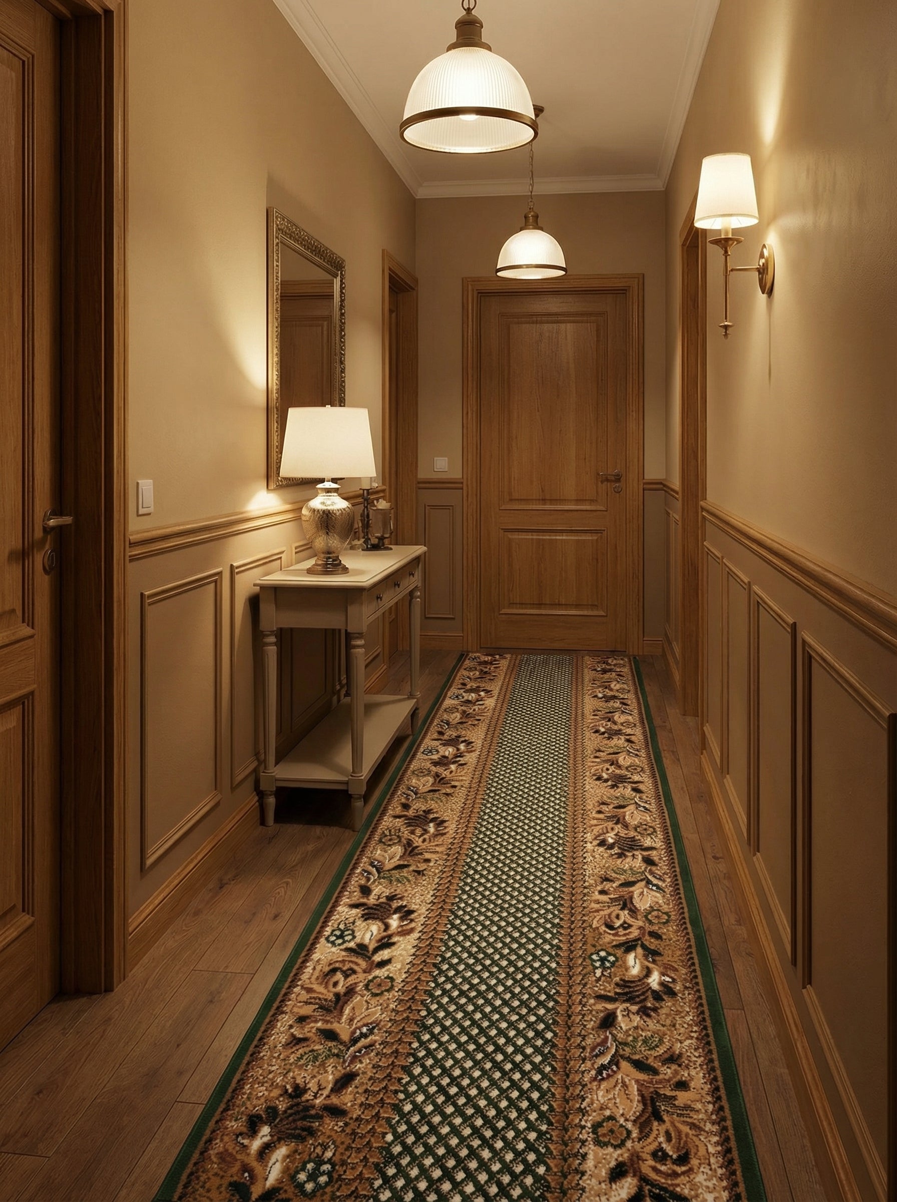 Long tapis de couloir aux motifs complexes : centre vert quadrillé, bordures florales beiges et marron. Il traverse une élégante entrée lambrissée