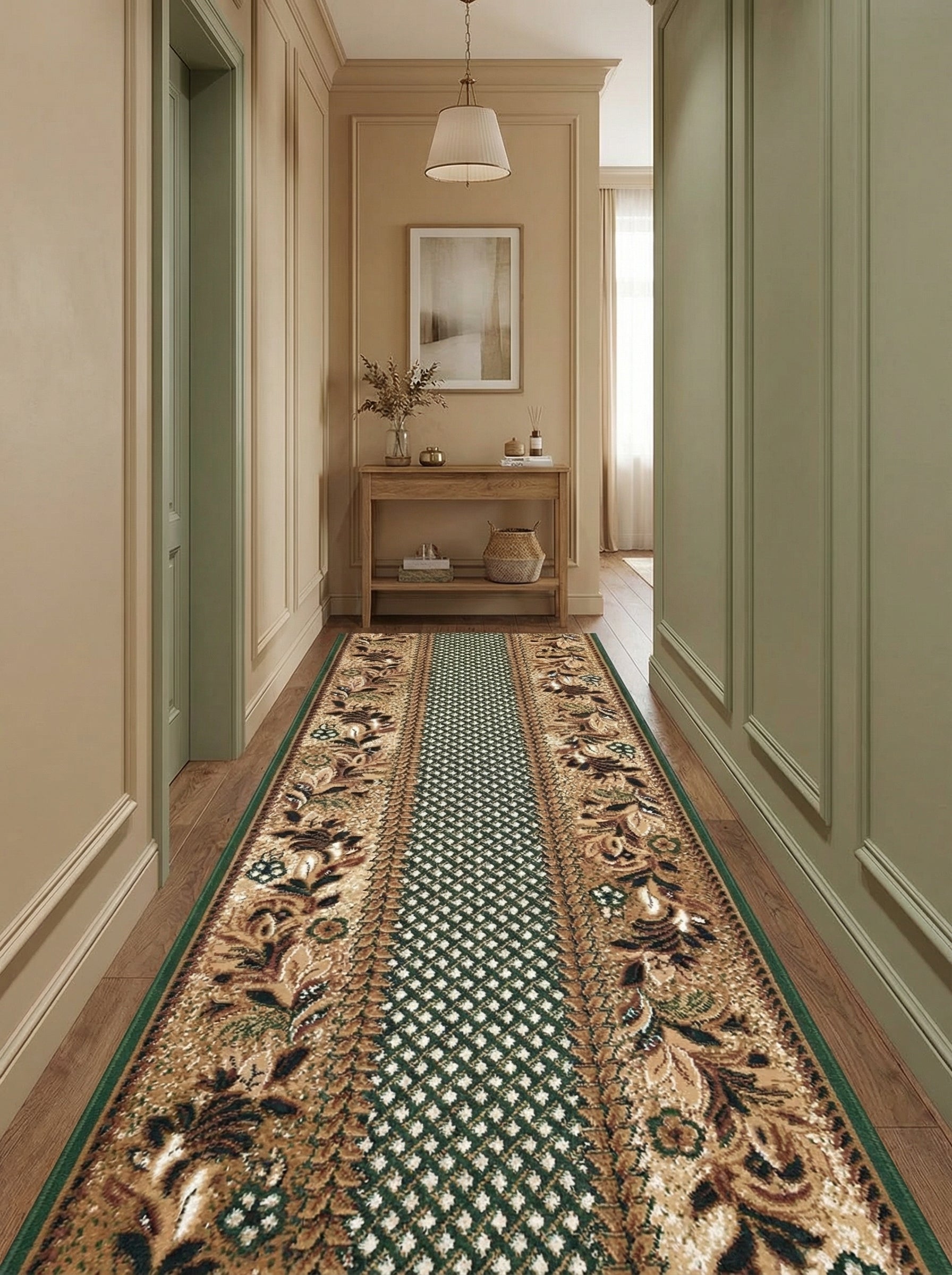 Tapis de couloir beige à motifs floraux et géométriques verts et bruns, bordé de vert, sur parquet dans une entrée élégante