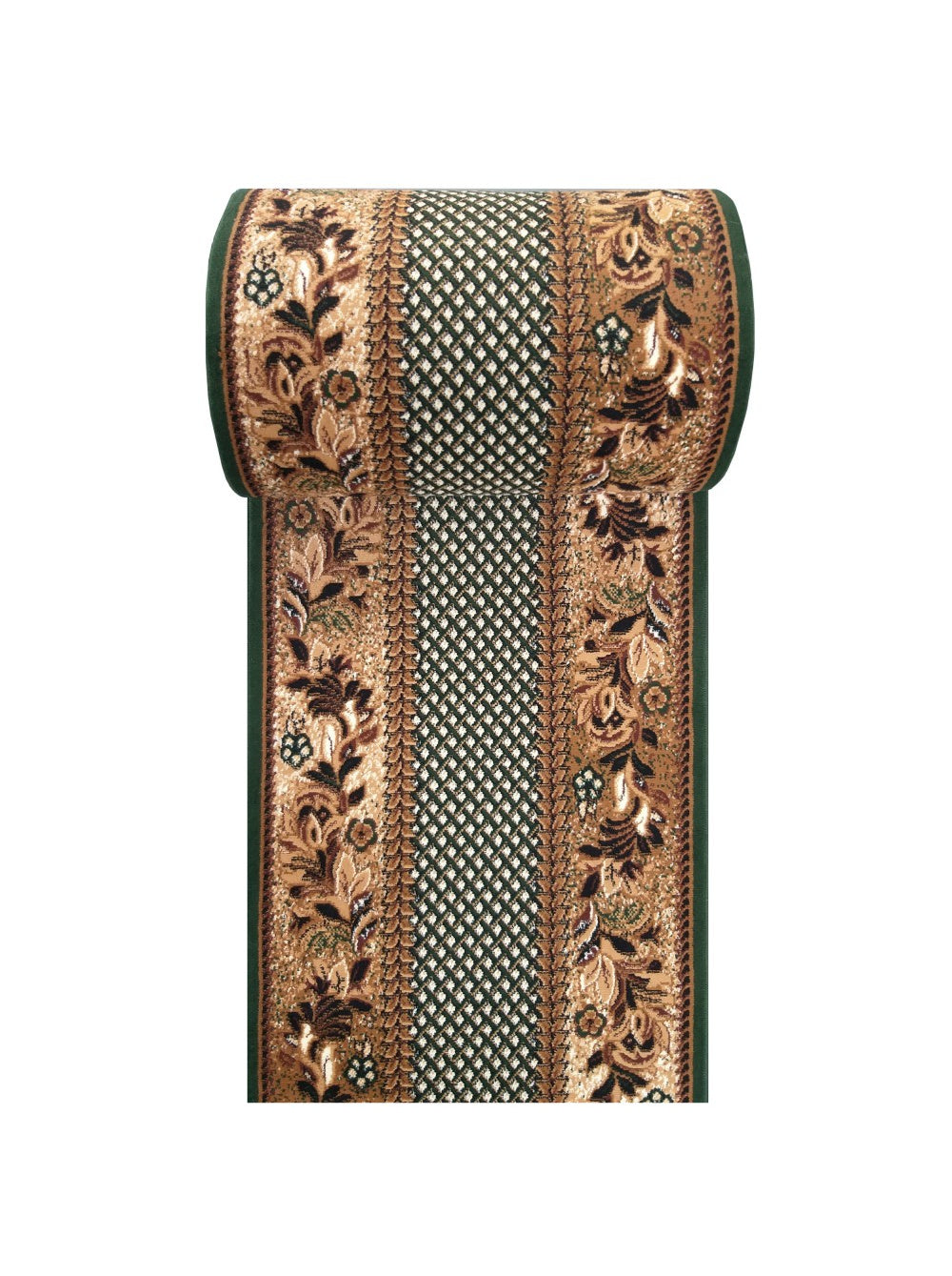 Tapis roulé aux motifs complexes : bande centrale à losanges vert foncé et beige, bordée de larges frises florales marron et dorées
