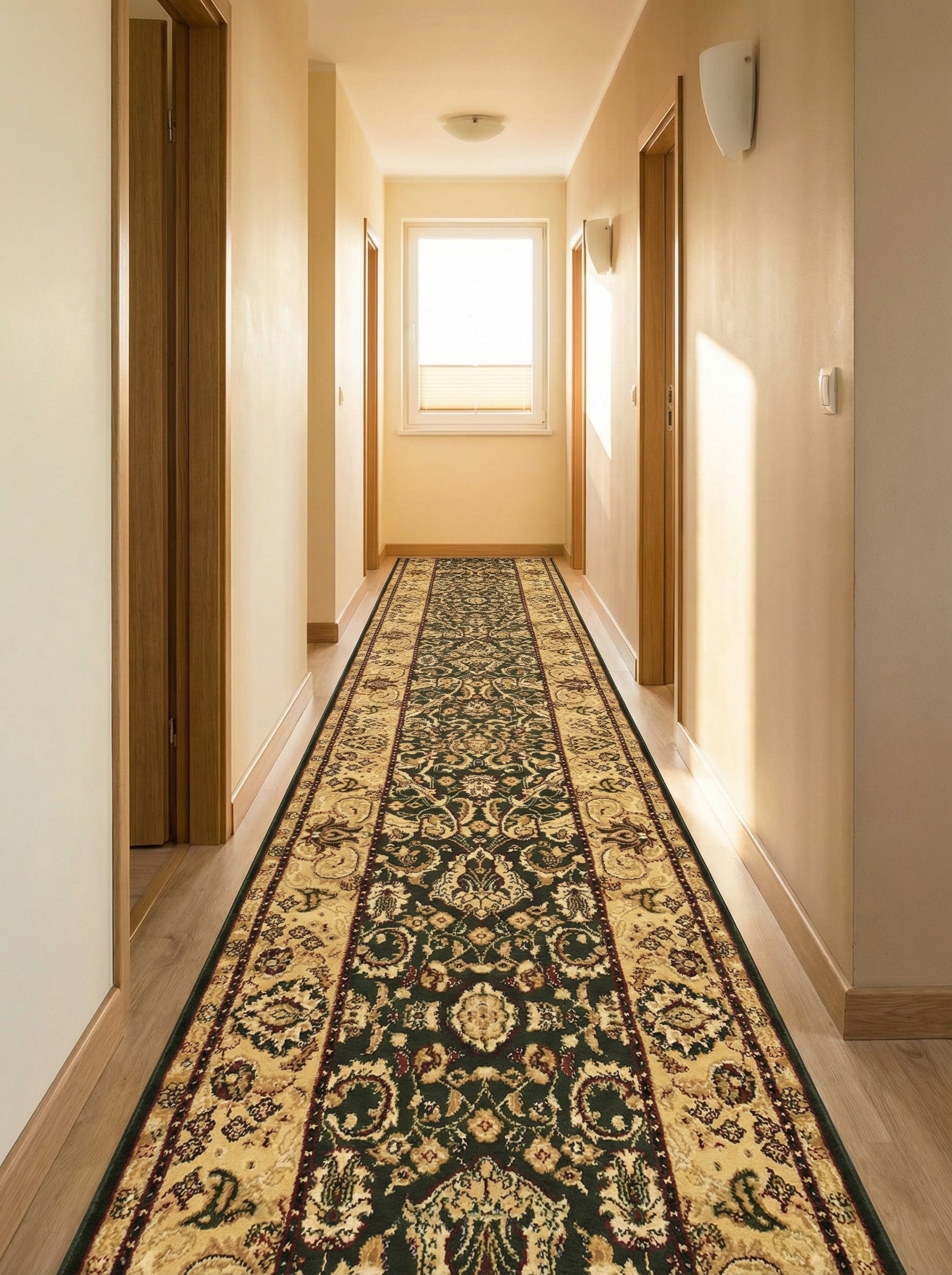 Tapis de couloir vert foncé et beige aux motifs ornementaux, sur un parquet clair dans un couloir lumineux