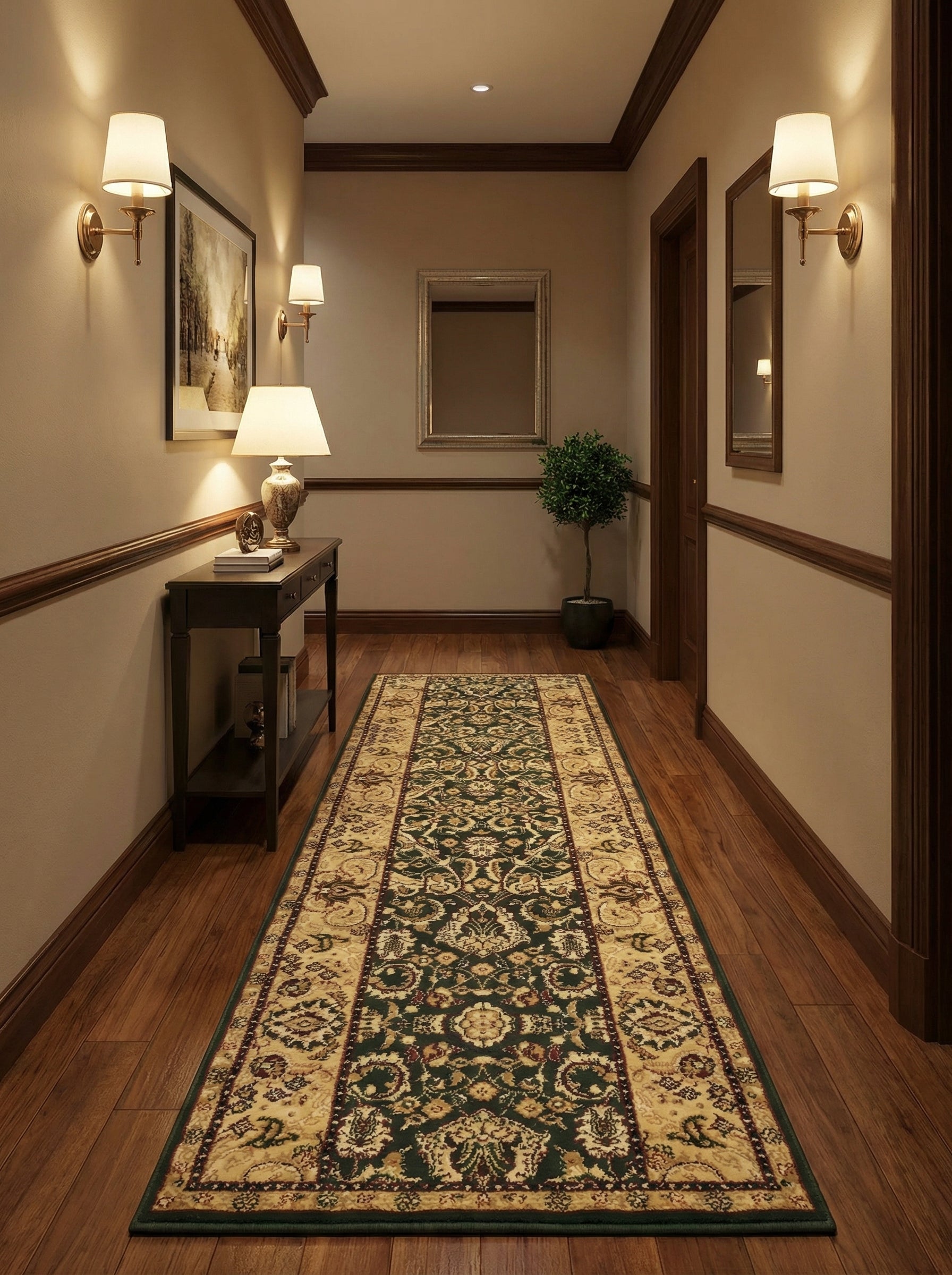 Tapis de couloir vert foncé et crème à motifs floraux traditionnels, posé sur un parquet en bois dans un couloir élégant