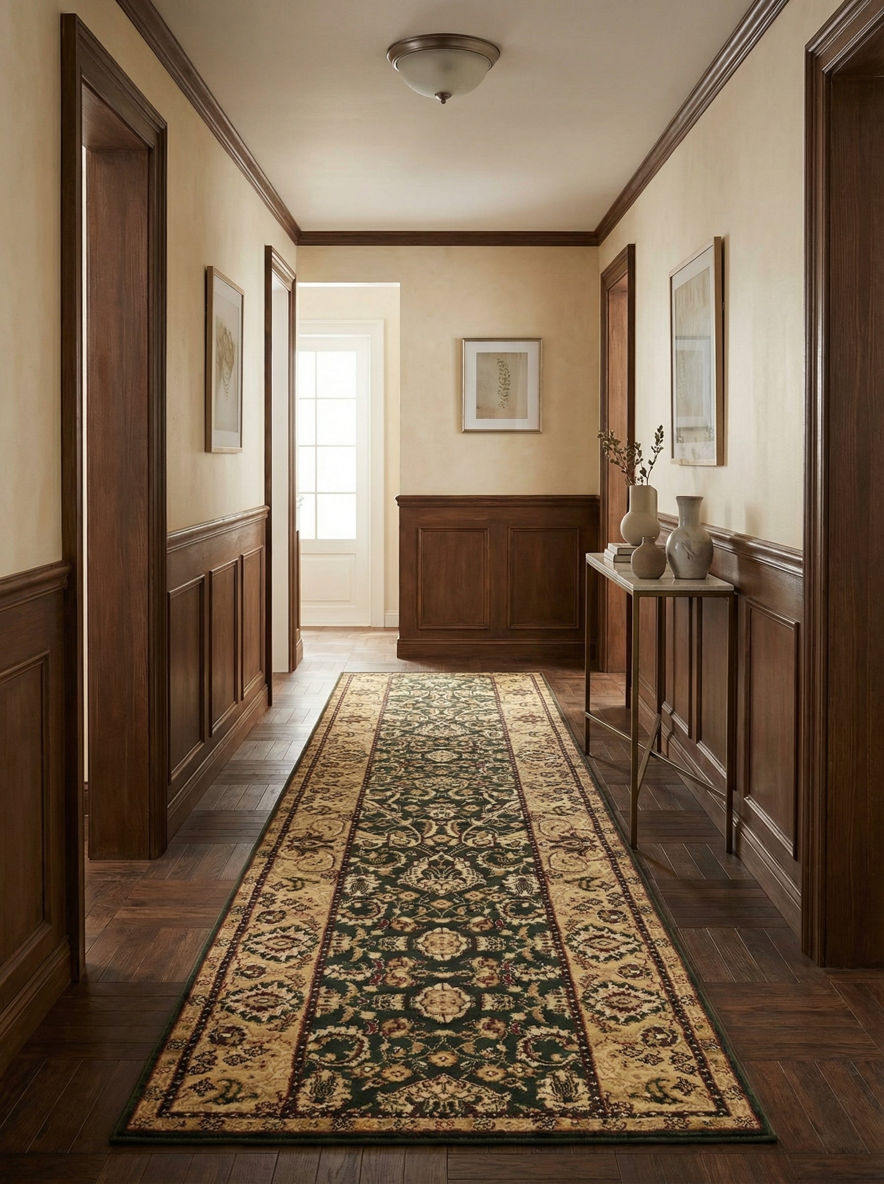 Long tapis de couloir vert foncé à motifs floraux et médaillons beiges, rouges et marron, dans un hall d'entrée élégant