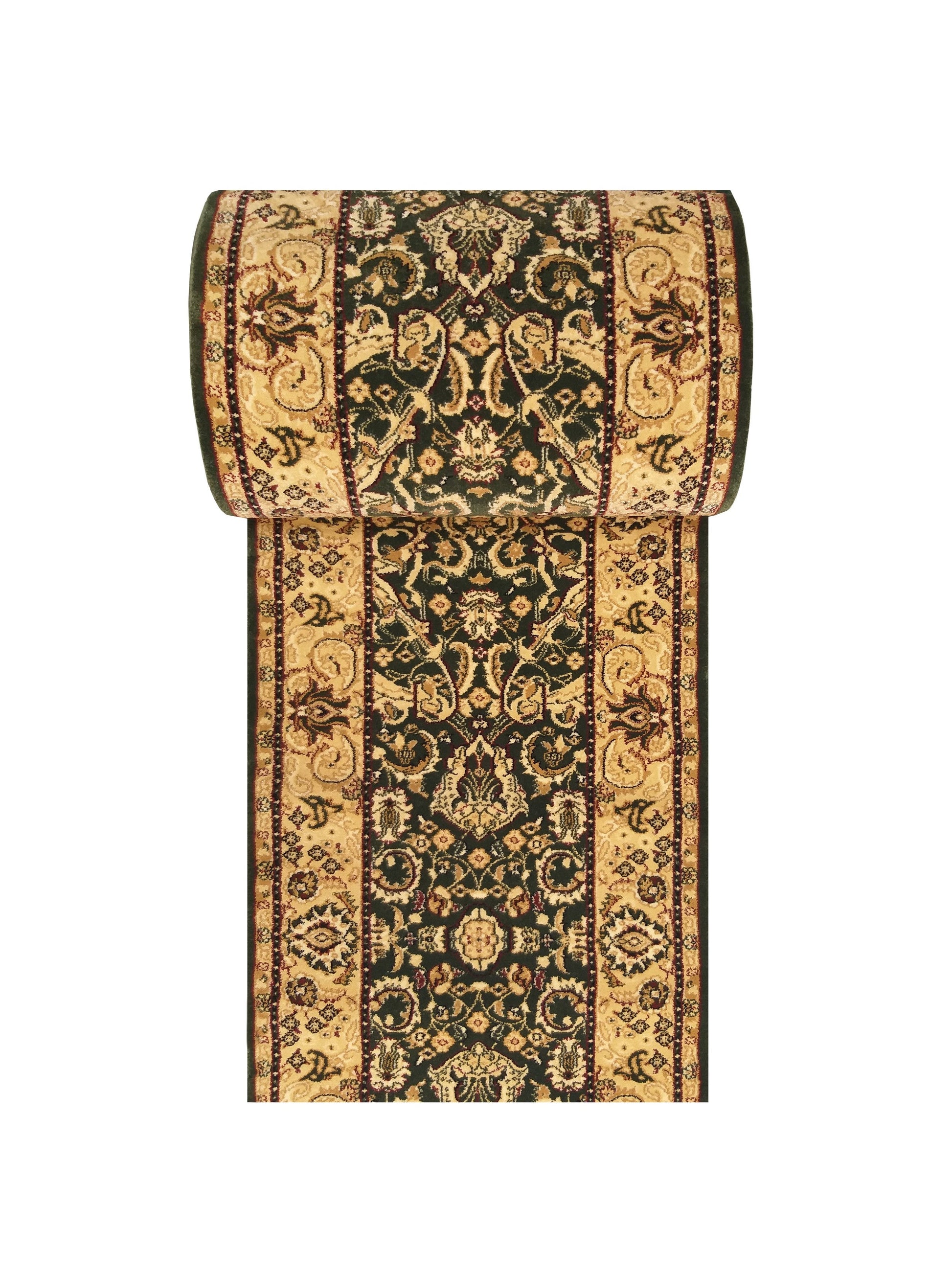Tapis enroulé, à motifs ornementaux vert foncé et beige doré avec des touches de rouge, présenté verticalement