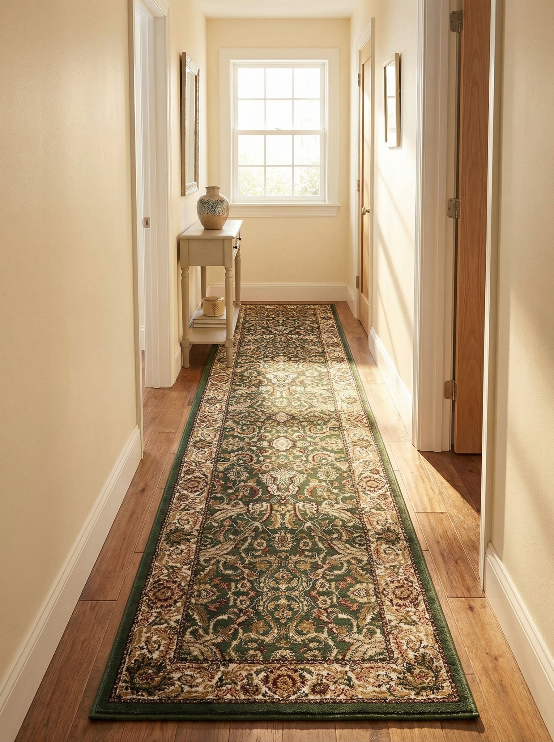 Long tapis de couloir vert foncé à motifs floraux et arabesques crème et or, posé sur un parquet dans un couloir
