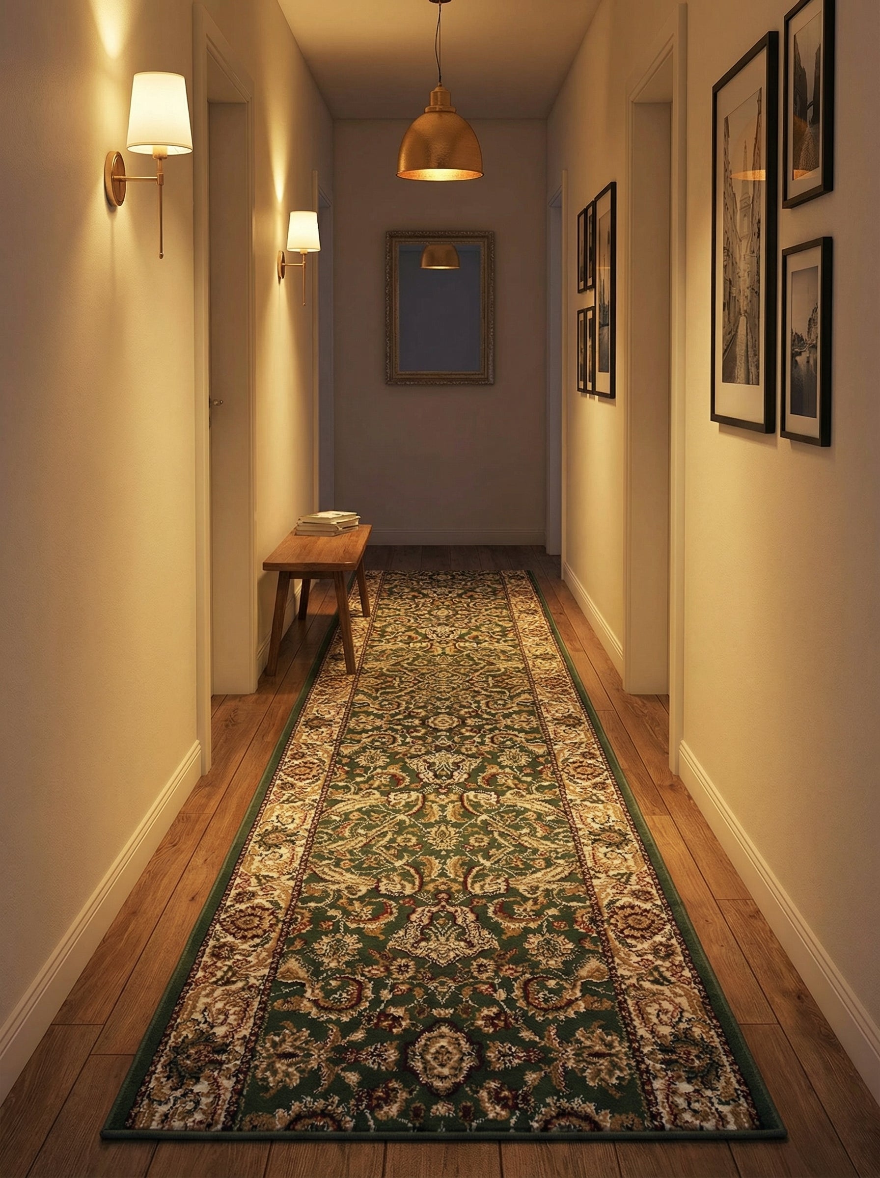 Tapis coureur vert foncé aux motifs floraux et ornementaux beiges et bordeaux, posé sur un parquet en bois dans un couloir éclairé