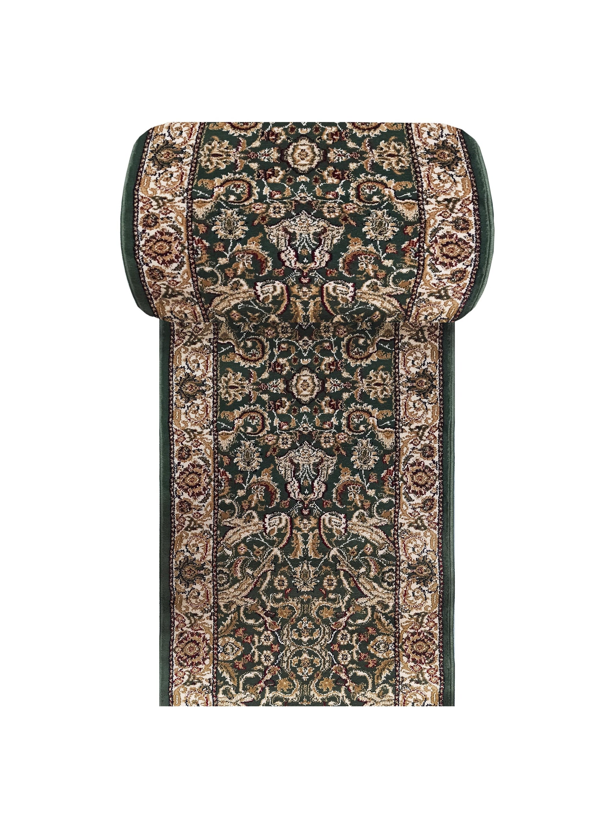 Tapis vert foncé en partie roulé, avec un motif central persan complexe dans les tons de crème, beige, or et bordeaux