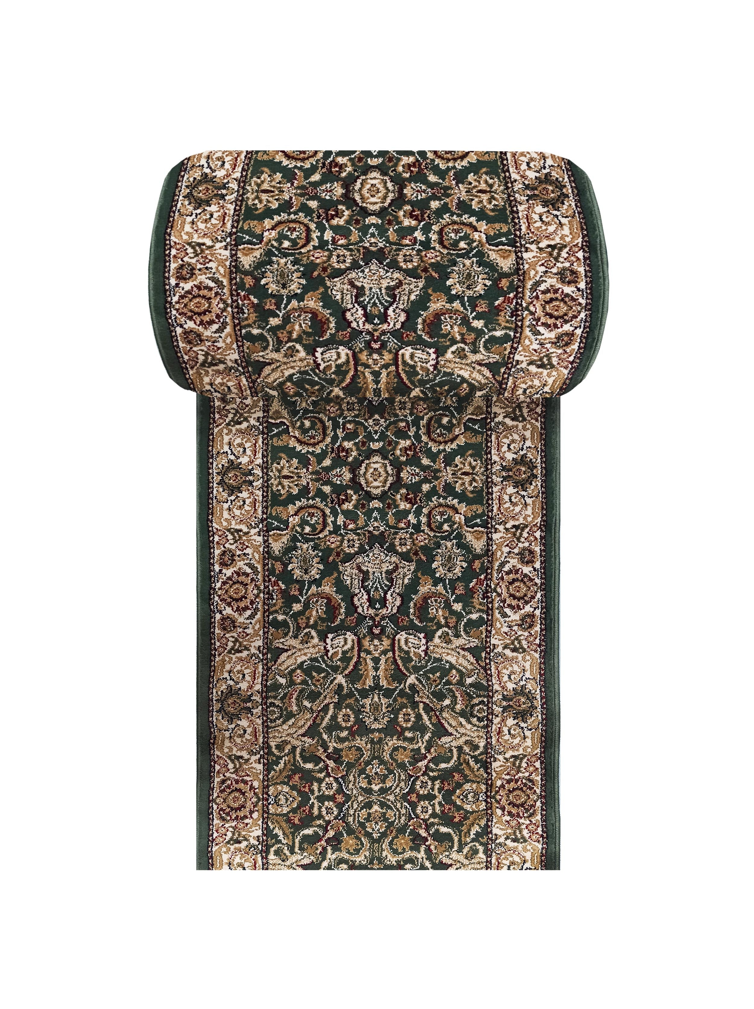 Tapis vert foncé en partie roulé, avec un motif central persan complexe dans les tons de crème, beige, or et bordeaux