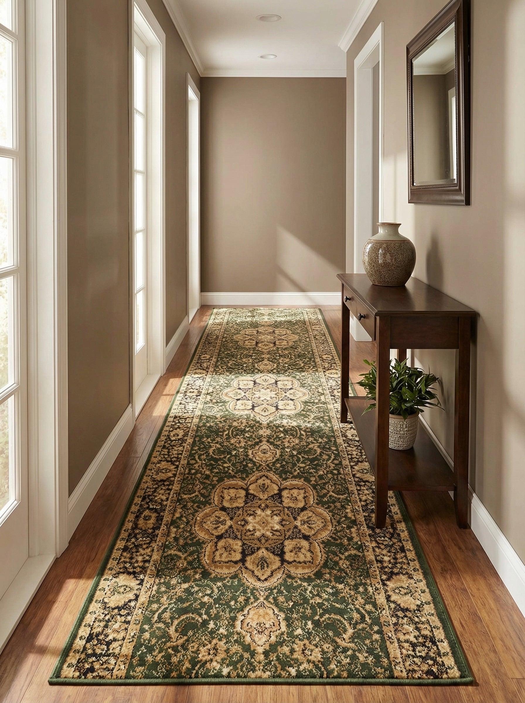 Long tapis vert foncé à motifs floraux et médaillons dorés et noirs, sur parquet de bois dans un hall d'entrée éclairé