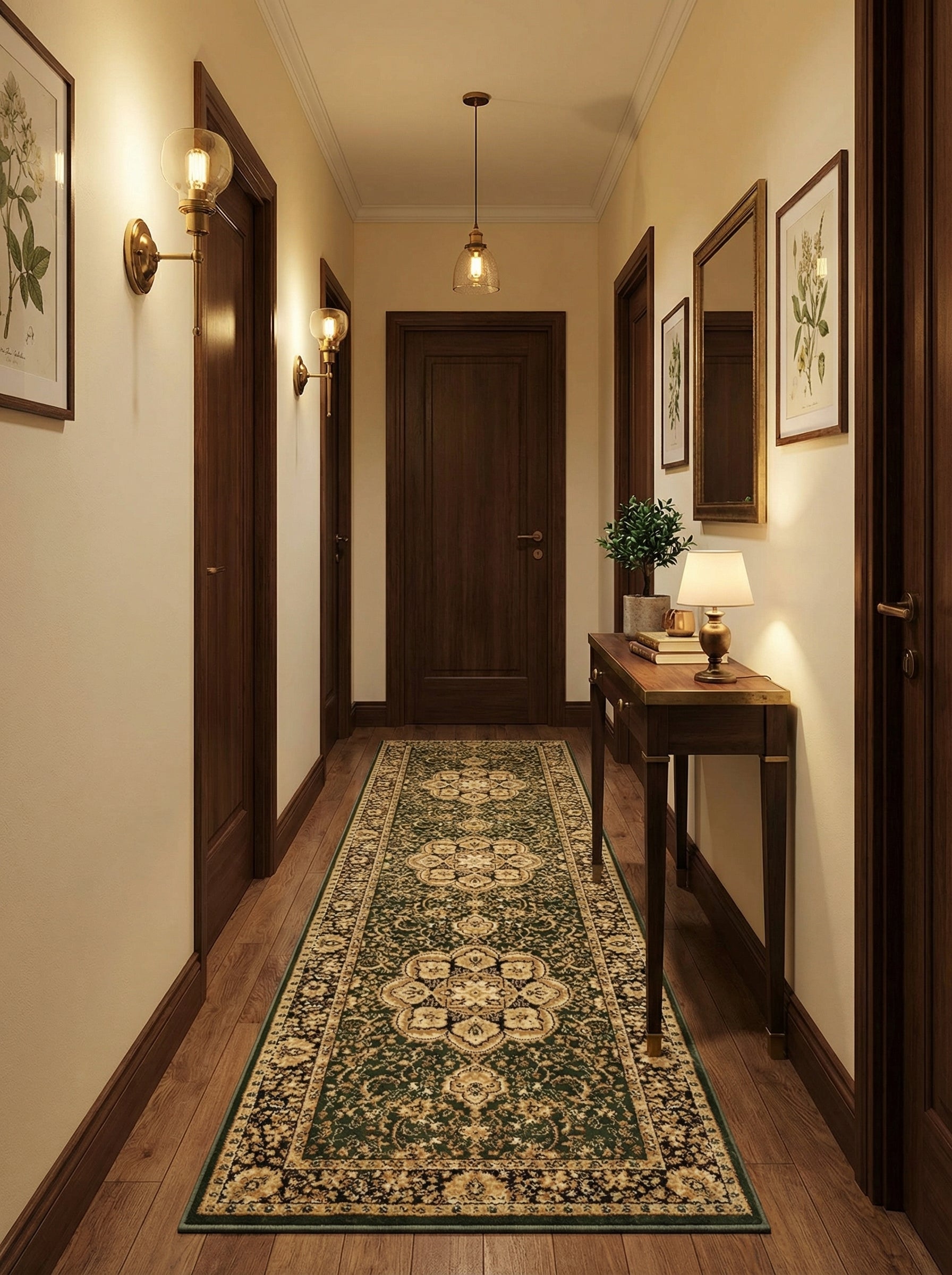 Tapis de couloir vert foncé et crème aux motifs orientaux, couvrant le sol en parquet d'un couloir