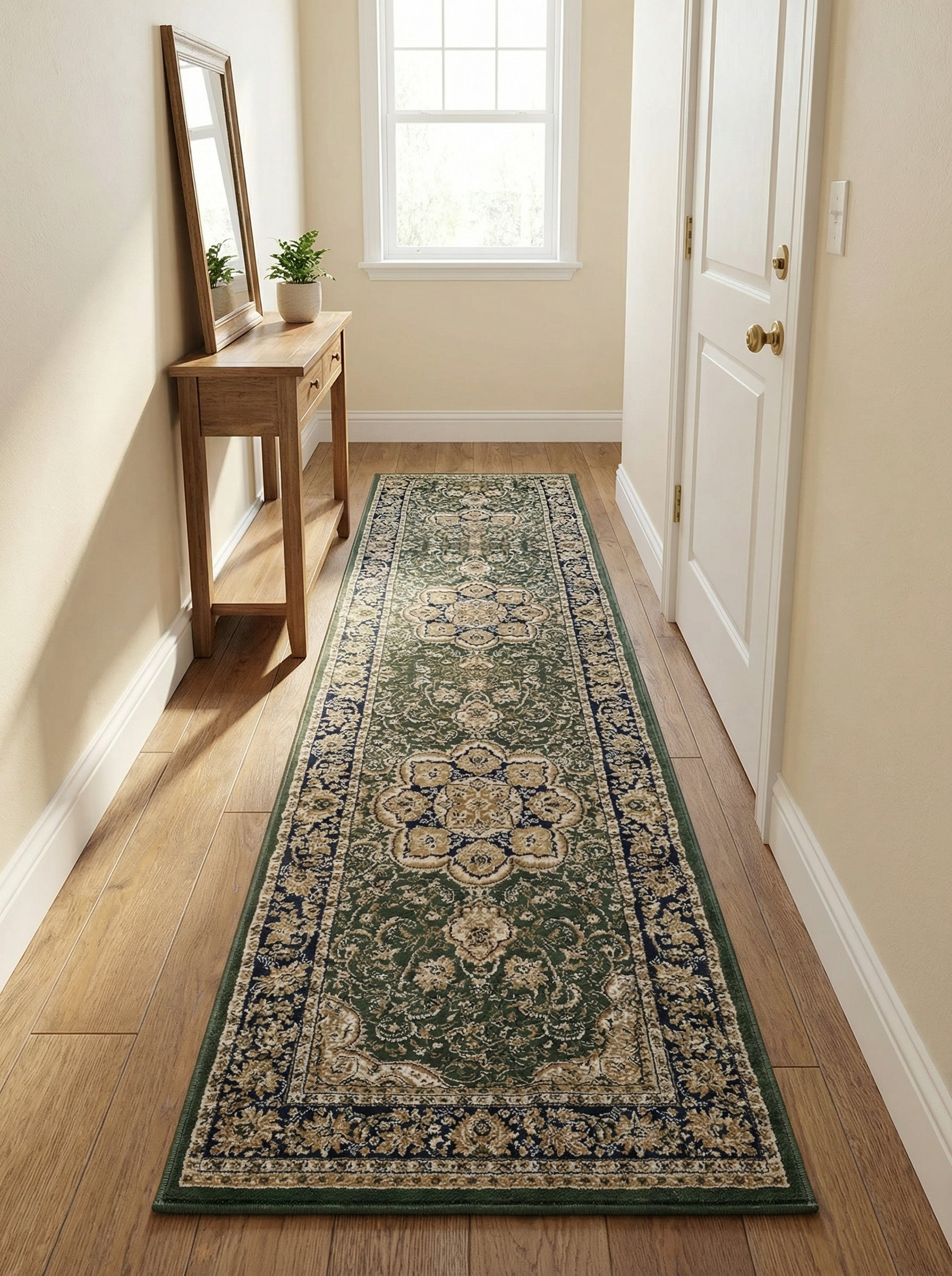 Tapis vert émeraude avec des motifs floraux traditionnels crème et bleu nuit, s'étendant sur le parquet d'un couloir