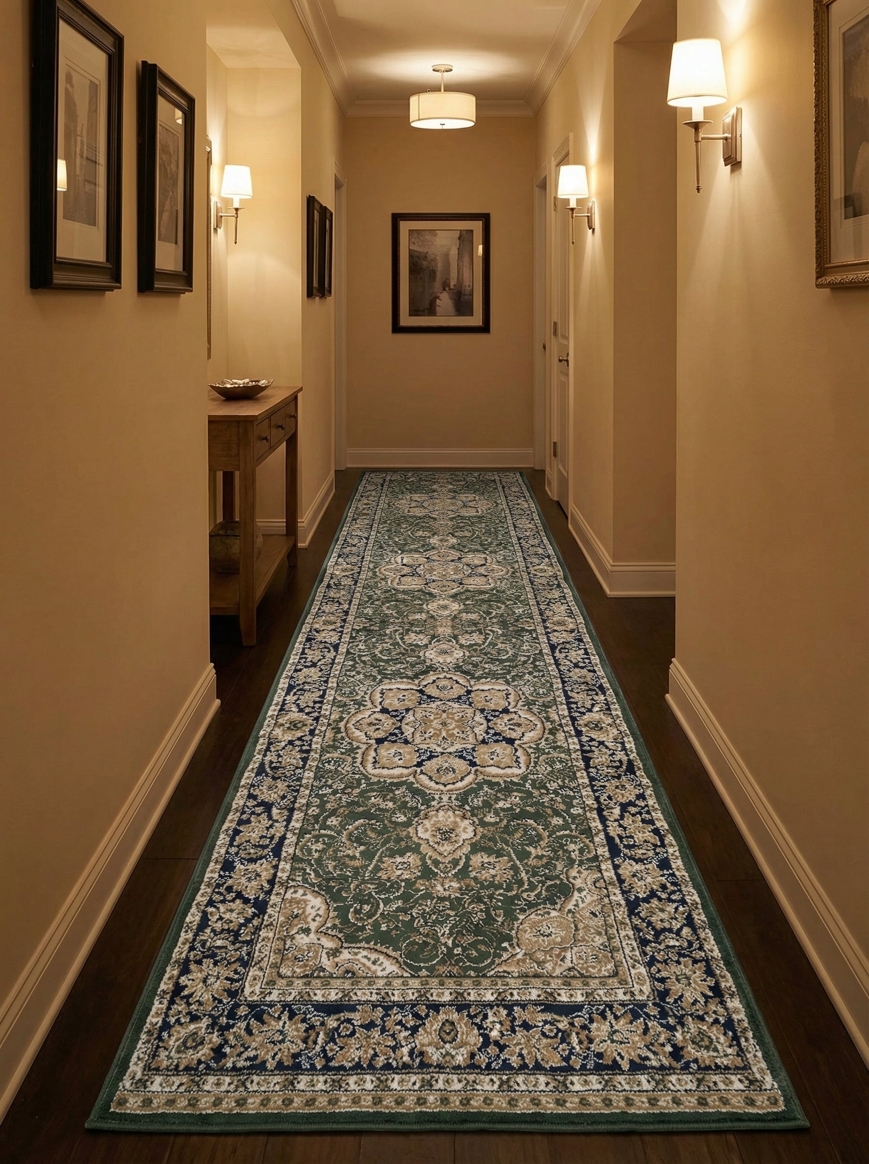 Long tapis de couloir vert foncé à motifs médaillons bleus et beiges, posé sur un parquet sombre dans une entrée chaleureuse